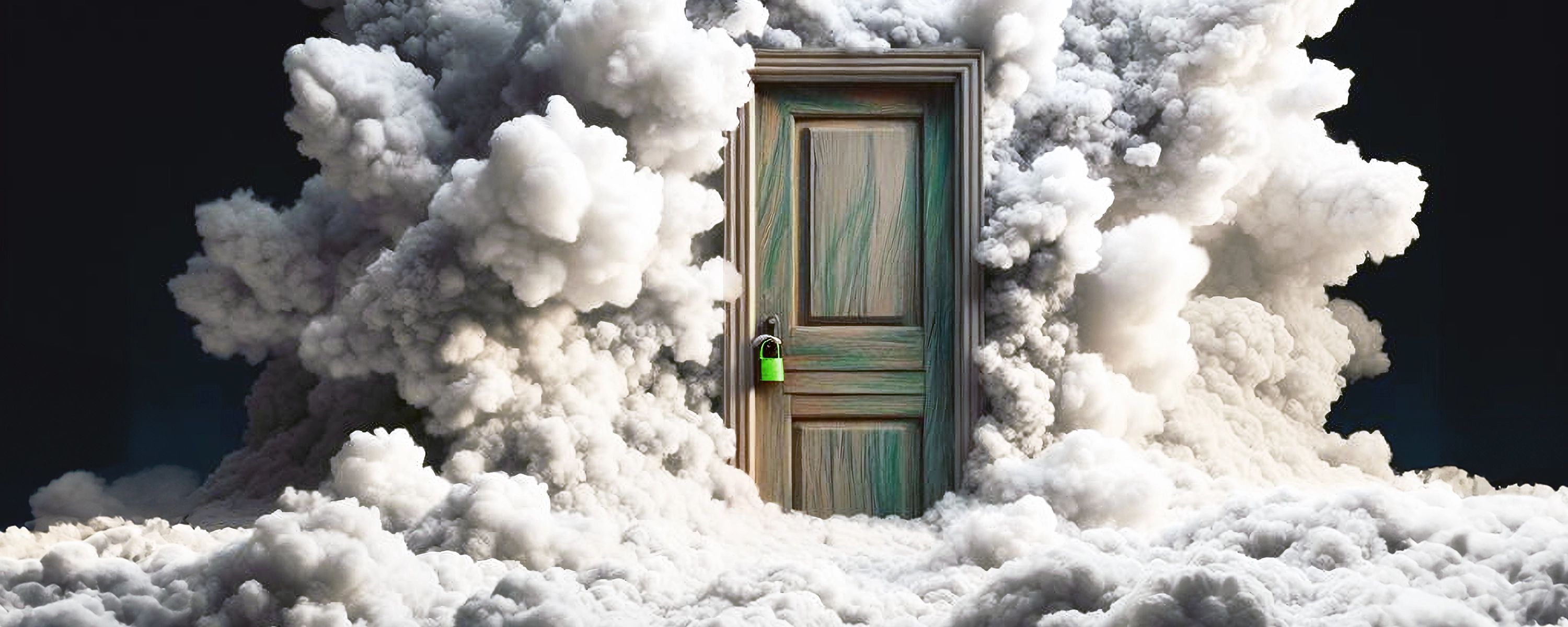 Holztür mit grünem Vorhängeschloss, umgeben von dichten weißen Wolken.