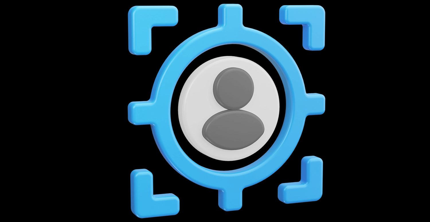 3D-Grafik eines blauen Zielkreuzes oder Zielrahmens, das eine stilisierte Person (Zielgruppe) darstellt – ein graues Piktogramm einer Person auf einem weißen Kreis.