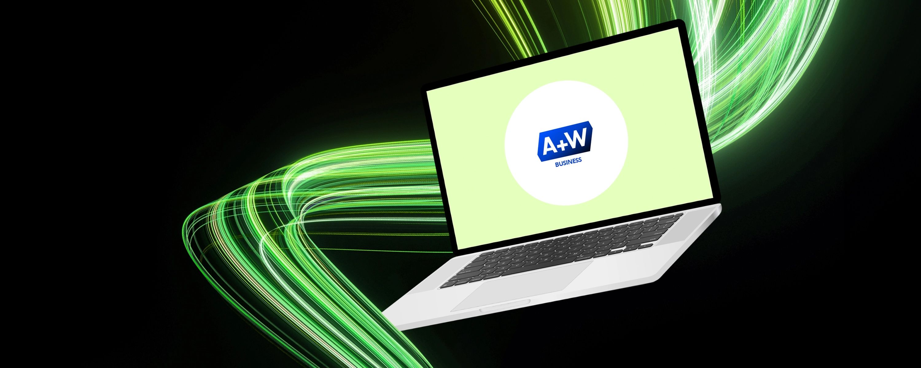 Ein Laptop mit dem A+W Business-Logo auf dem Bildschirm, umgeben von dynamischen grünen Lichtstreifen auf schwarzem Hintergrund.
