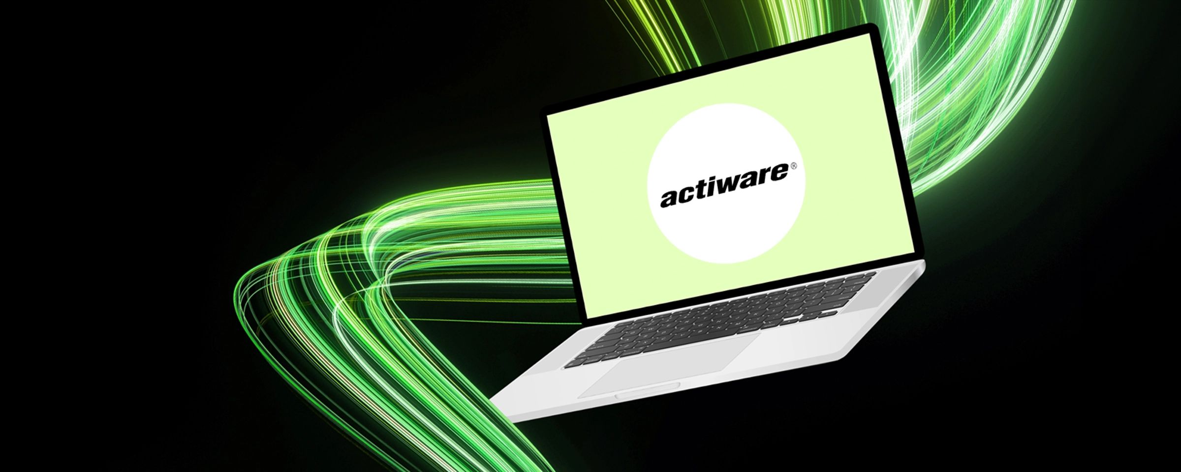 Ein Laptop mit dem ACTIWARE-Logo auf dem Bildschirm, umgeben von dynamischen grünen Lichtstreifen auf schwarzem Hintergrund.