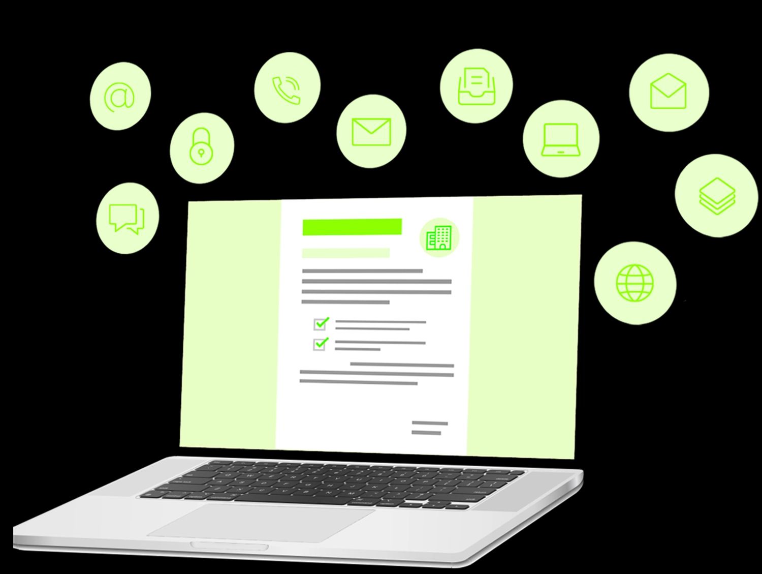 Illustration eines Laptops, der ein digitales Formular mit einer Checkliste anzeigt. Schwebende Icons für E-Mail, Telefon, Sicherheit und Dokumente symbolisieren umfassende digitale Dienstleistungen.