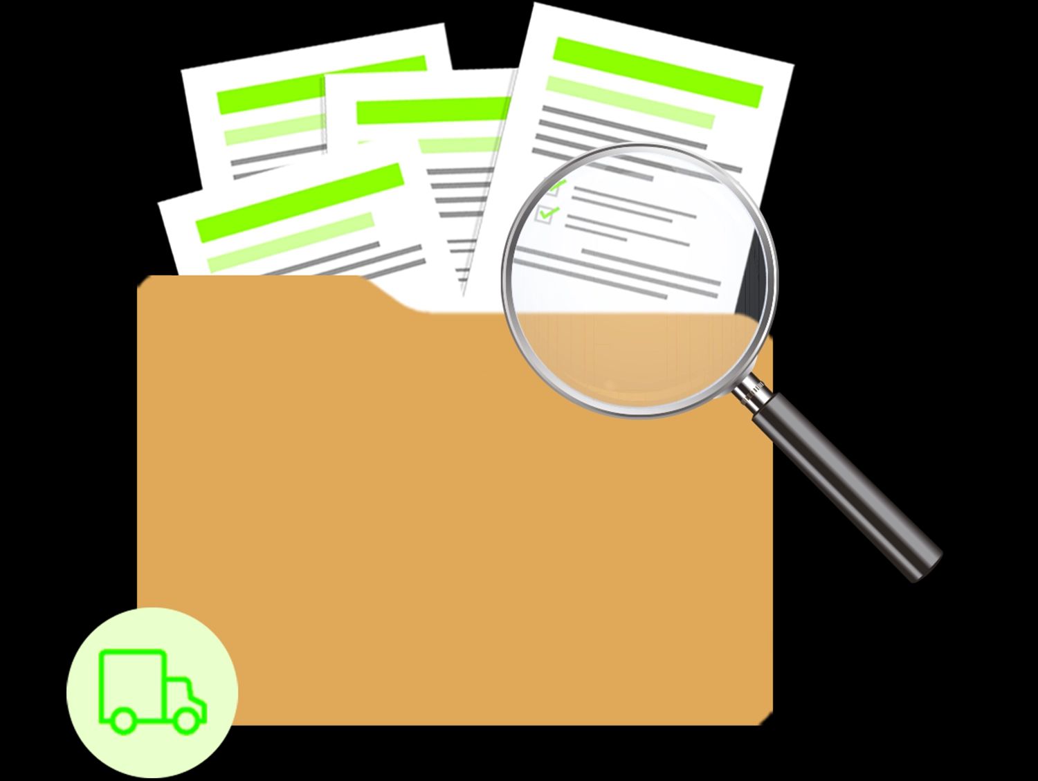Illustration der Dokumentenprüfung: Eine Lupe vergrößert ein Lieferdokument mit einer Checkliste in einer Aktenmappe, um die Wichtigkeit der Überprüfung von Frachtpapieren zu symbolisieren.