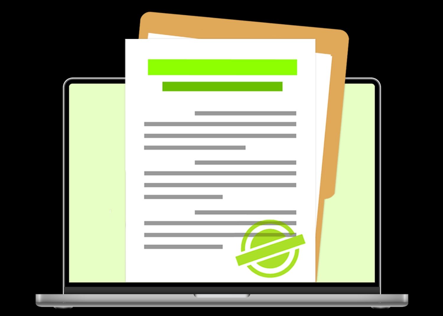 Illustration eines Laptops, der ein zertifiziertes digitales Dokument anzeigt. Das Dokument mit einem grünen Stempel befindet sich in einer Aktenmappe und ragt aus dem Bildschirm heraus.