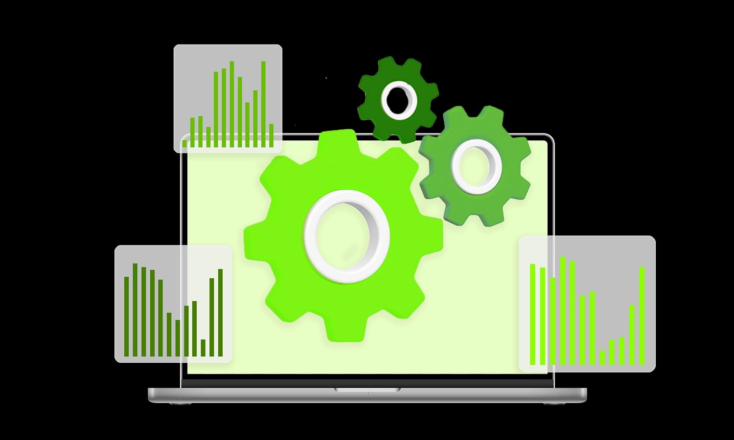 Illustration von Datenanalyse auf einem Laptop: Grüne Zahnräder stellen die Verarbeitungsprozesse dar, während verschiedene schwebende Balkendiagramme die visualisierten Ergebnisse zeigen.