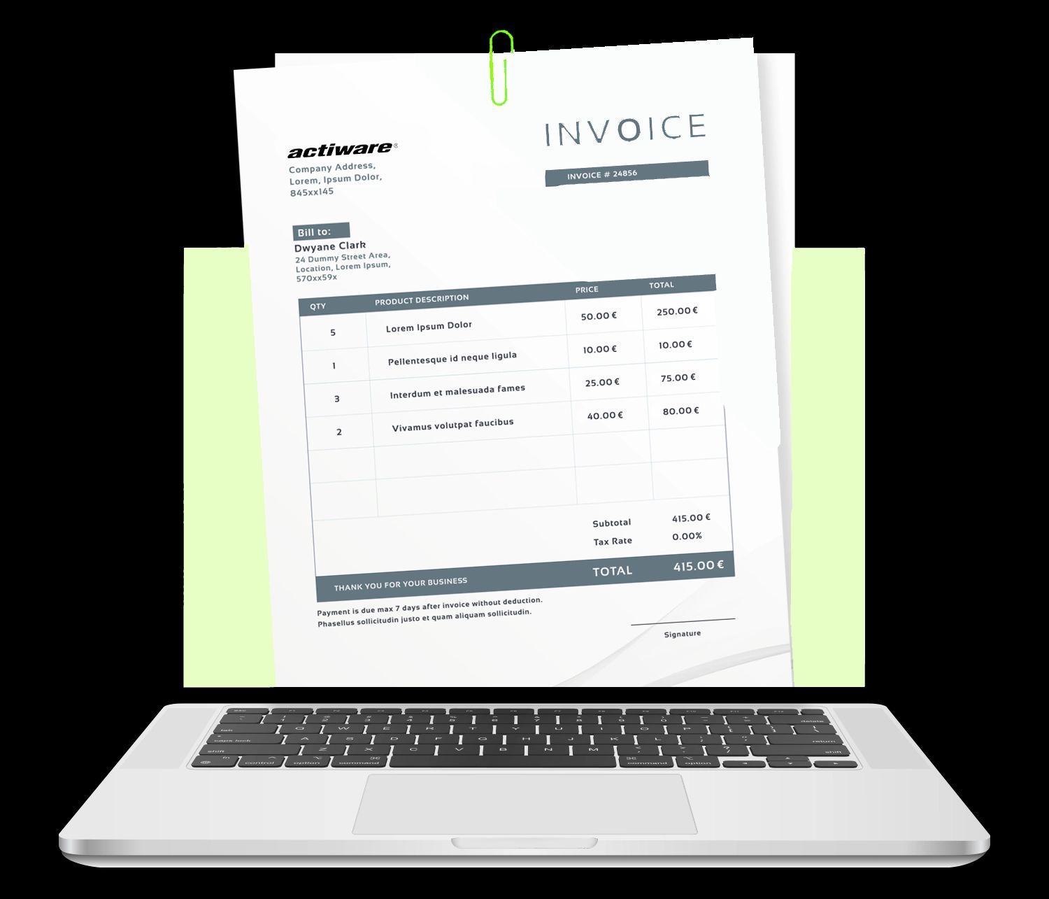 Illustration der digitalen Rechnungsstellung: Eine Papierrechnung mit dem Logo von 'actiware' und einer detaillierten Postenauflistung ragt aus dem Bildschirm eines Laptops.