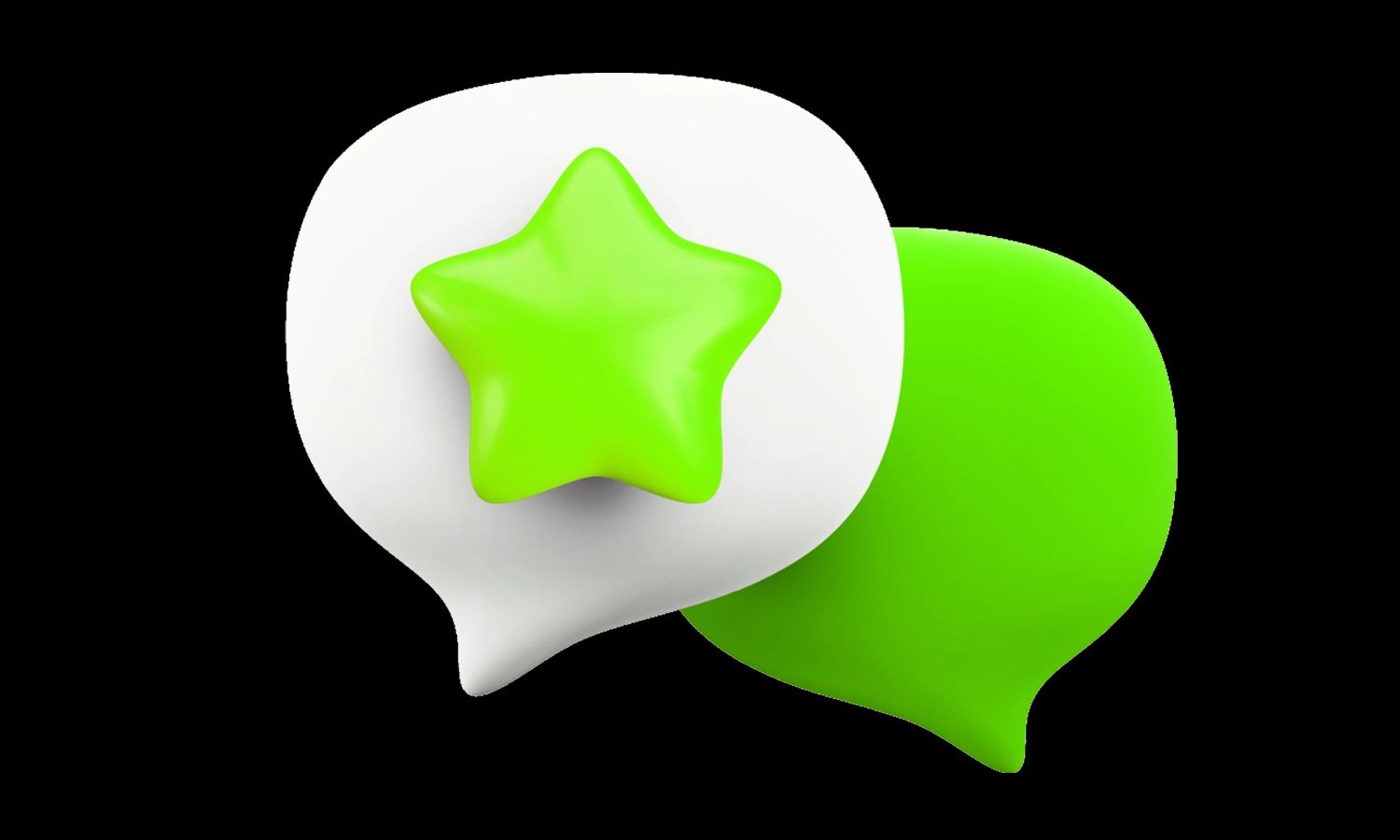 Zwei 3D-Sprechblasen, die sich überlappen. Die vordere, weiße Sprechblase enthält einen großen, glänzenden grünen Stern.