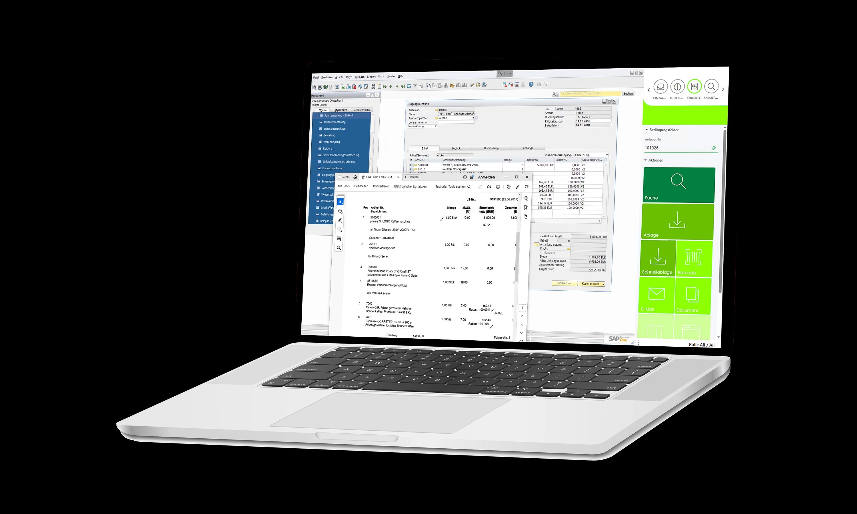 Ein aufgeklappter Laptop zeigt auf dem Bildschirm die Benutzeroberfläche von SAP Business One.