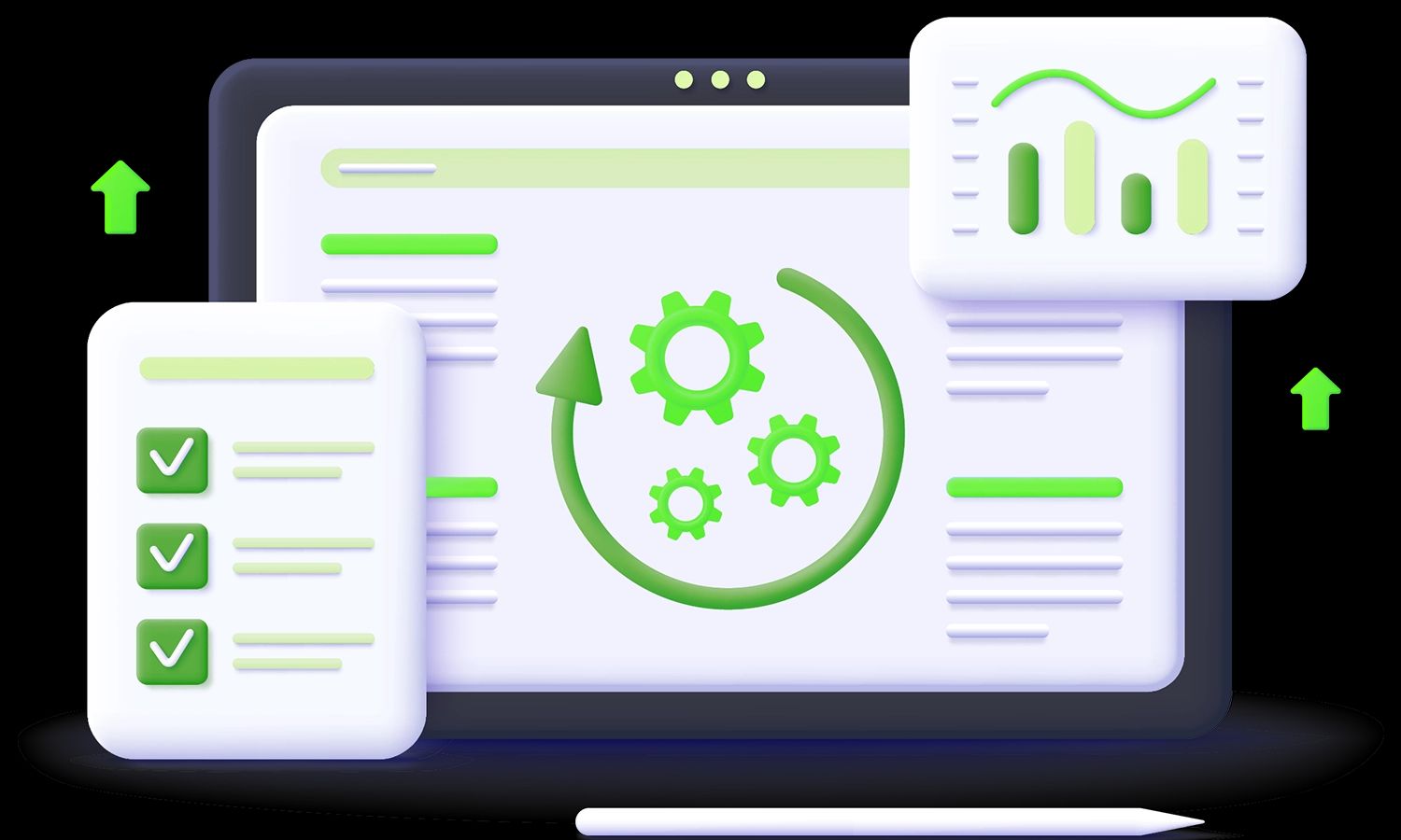 Stilisierte Software-Oberfläche mit grünen Zahnrädern im Kreis (Prozess/Automatisierung), Checkliste links und Diagramm oben rechts.