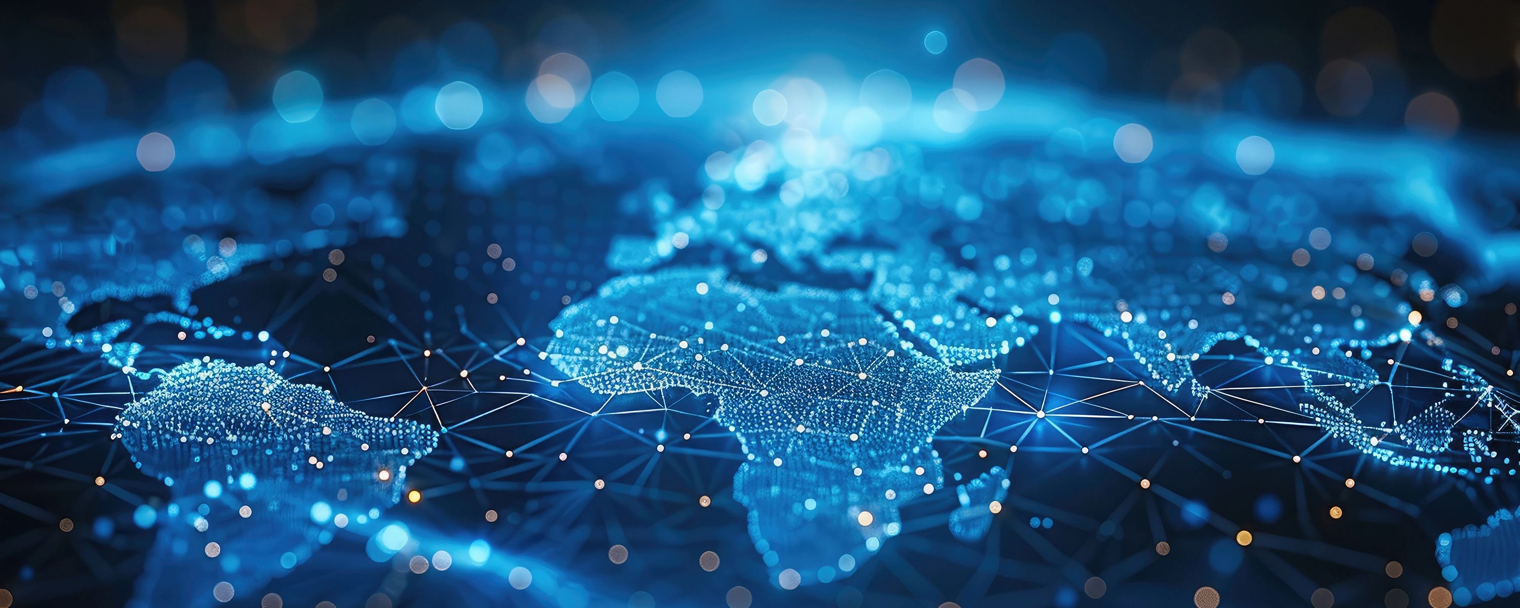 Eine stilisierte, leuchtend blaue Weltkarte, die aus einem Netzwerk von Datenpunkten und Verbindungslinien besteht. Der Fokus liegt auf der Darstellung von Europa und Afrika und symbolisiert globale Konnektivität und digitale Vernetzung.