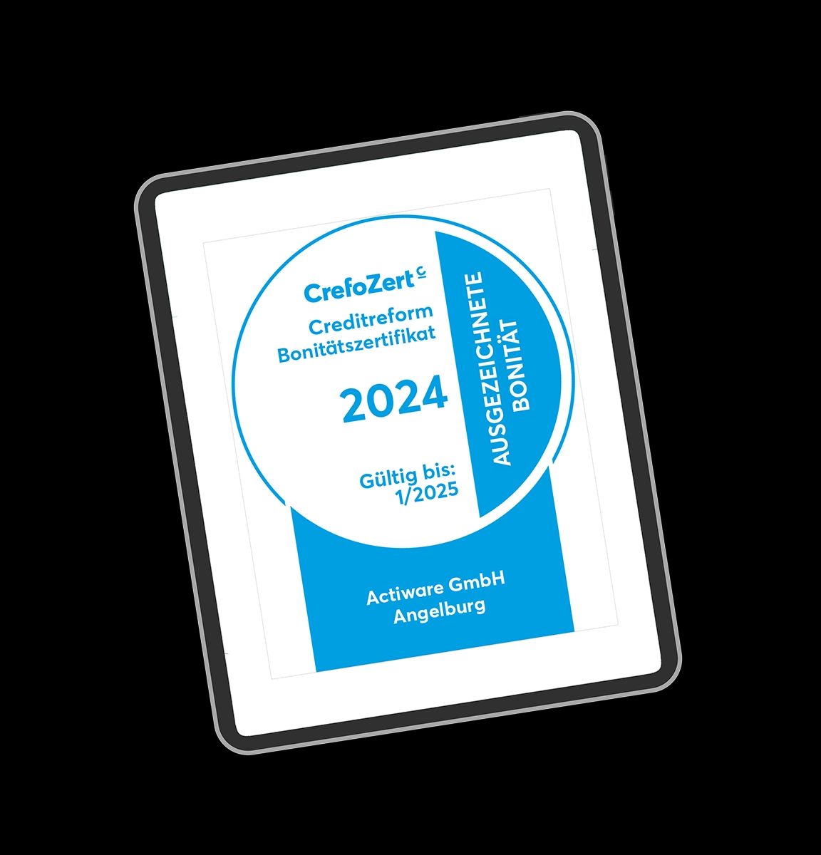 Ein Tablet, welches das CrefoZert Creditreform Bonitätszertifikat 2024 für die Actiware GmbH anzeigt, welches eine ausgezeichnete Bonität bescheinigt.