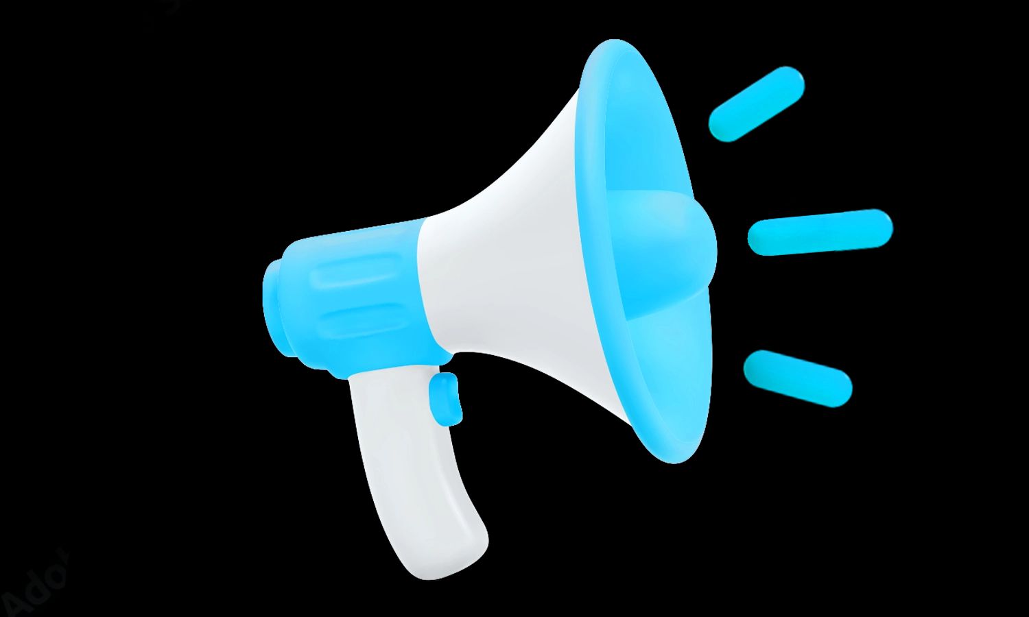 Illustration eines blauen Megafons mit Schallwellen als Symbol für Ankündigung, Nachricht oder Kommunikation.