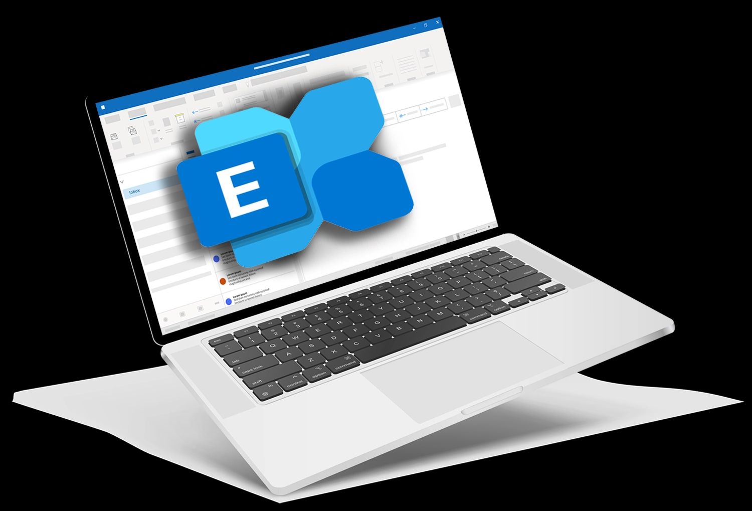 Ein silberner Laptop, auf dem das Logo von Microsoft Exchange über einer E-Mail-Anwendung schwebt.
