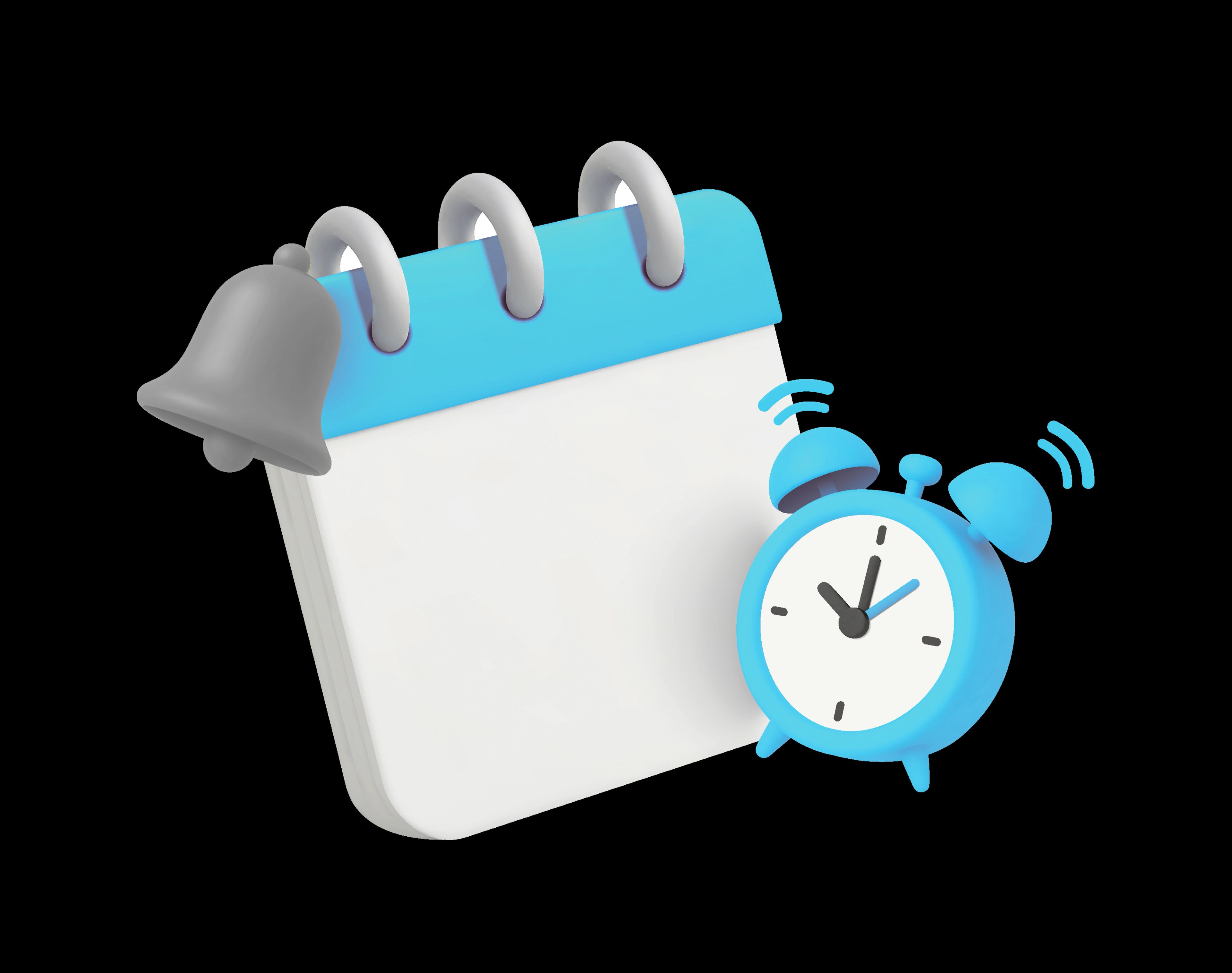 Illustration eines Kalenderblatts mit Glocke und blauem Wecker als Symbol für Termin, Erinnerung oder Frist.
