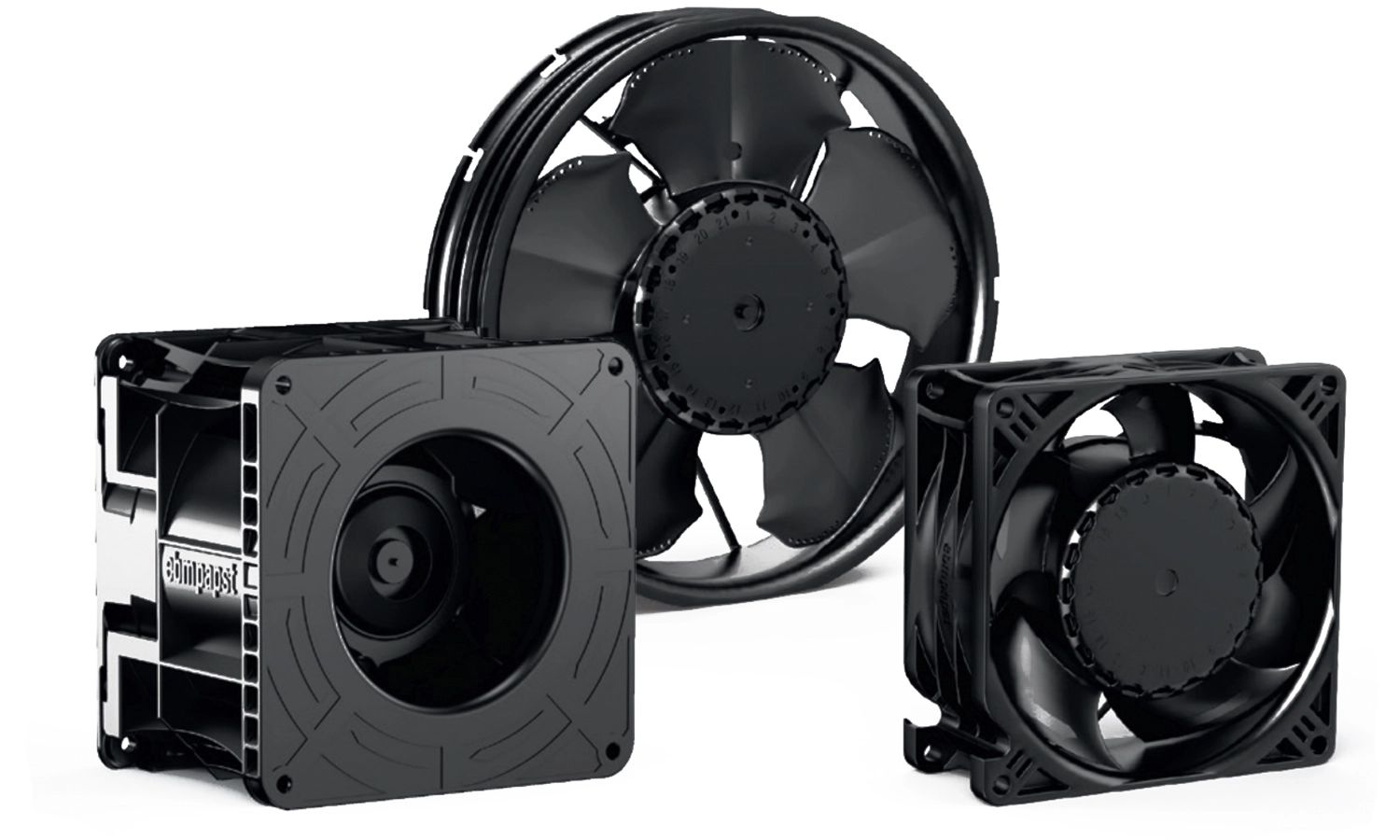 Drei schwarze Ventilatoren von EBM Papst – energieeffiziente Lüfterlösungen für Kühlung, Belüftung und industrielle Anwendungen.