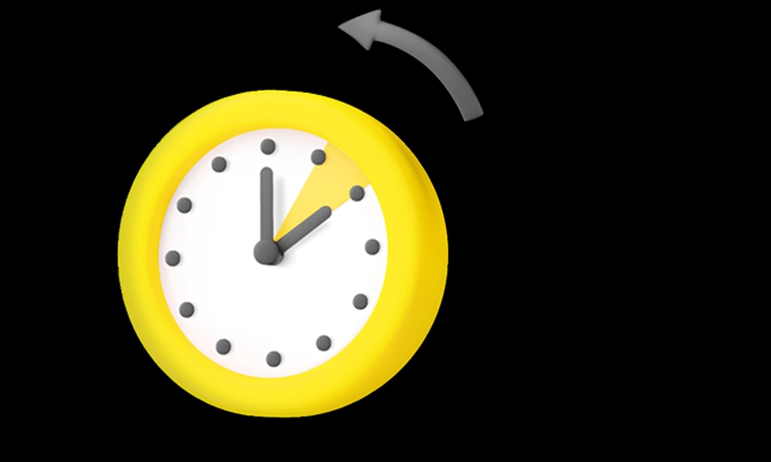 Grafik einer gelben Uhr mit Rückwärtspfeil – Symbol für Zeitmanagement, Rückblick oder Wiederherstellung von Daten und Prozessen.