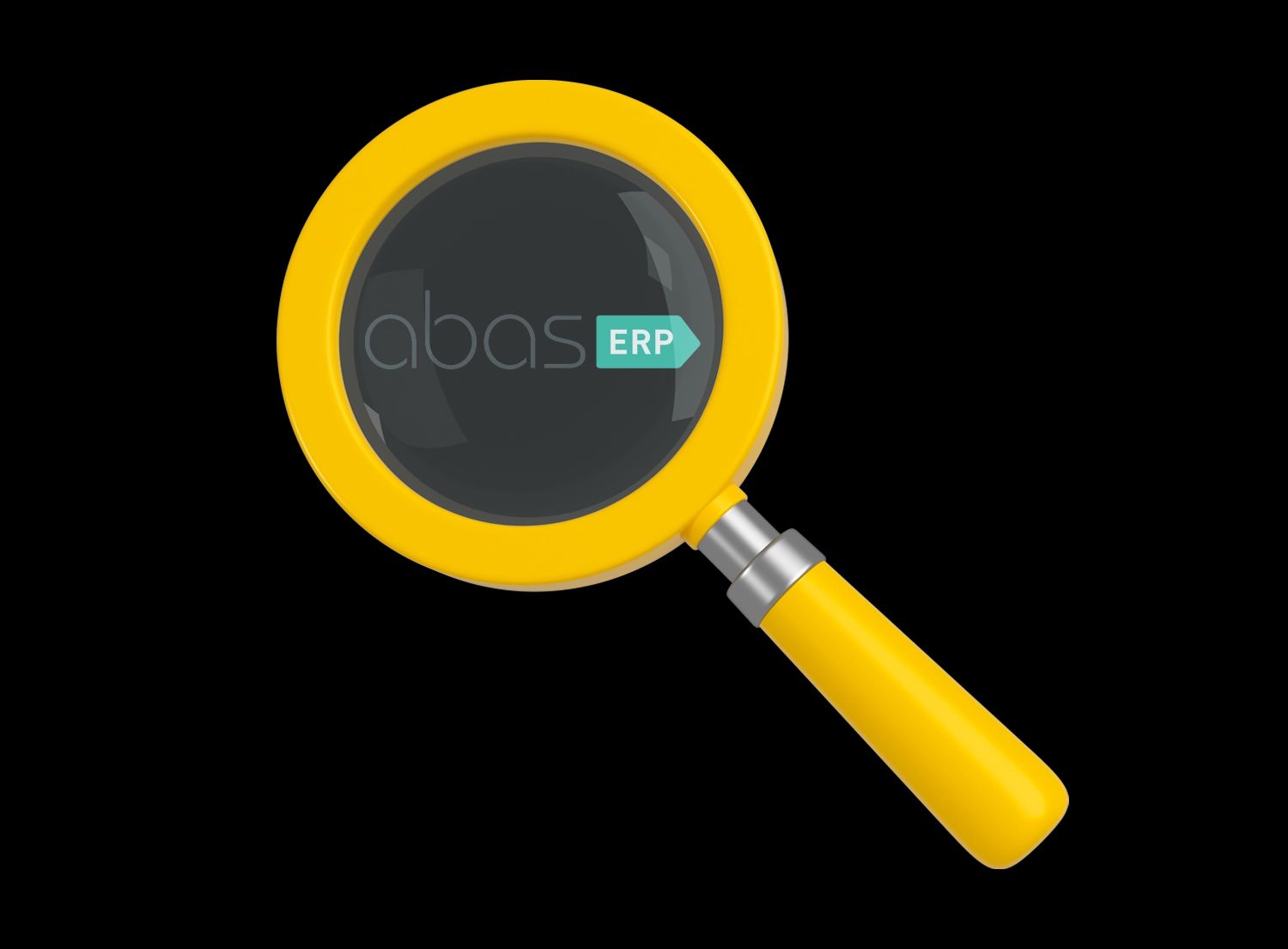 Gelbe Lupe mit dem Logo von abas ERP – Symbol für Analyse, Prozessoptimierung und transparente Unternehmenssteuerung durch ERP‑Software.