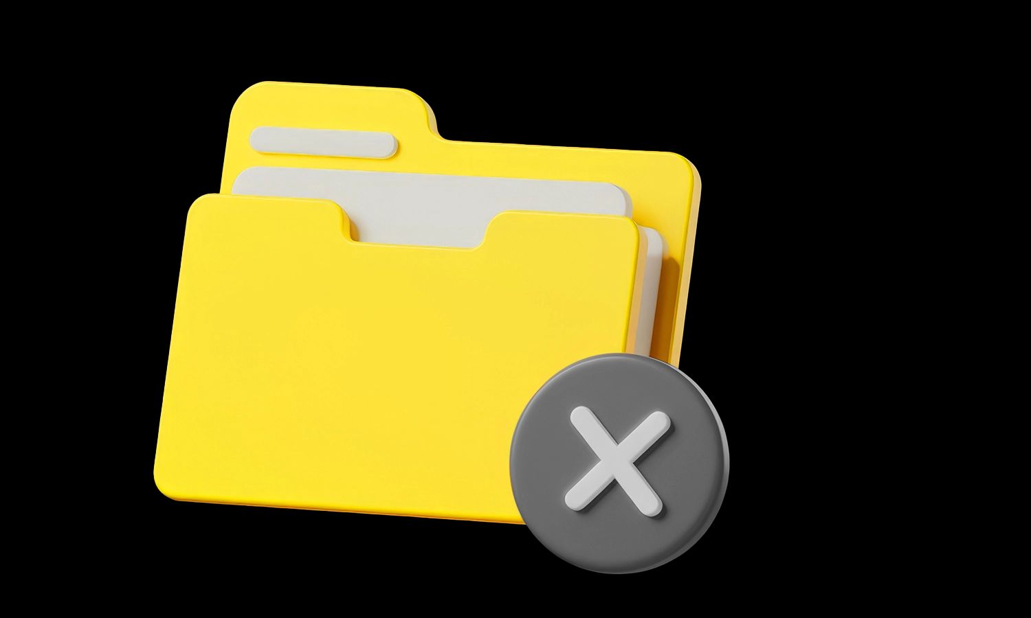 Gelber Dateiordner mit grauem X‑Symbol – Darstellung einer gelöschten oder fehlenden Datei, Symbol für Datenfehler, Zugriffsbeschränkung oder Löschvorgang.