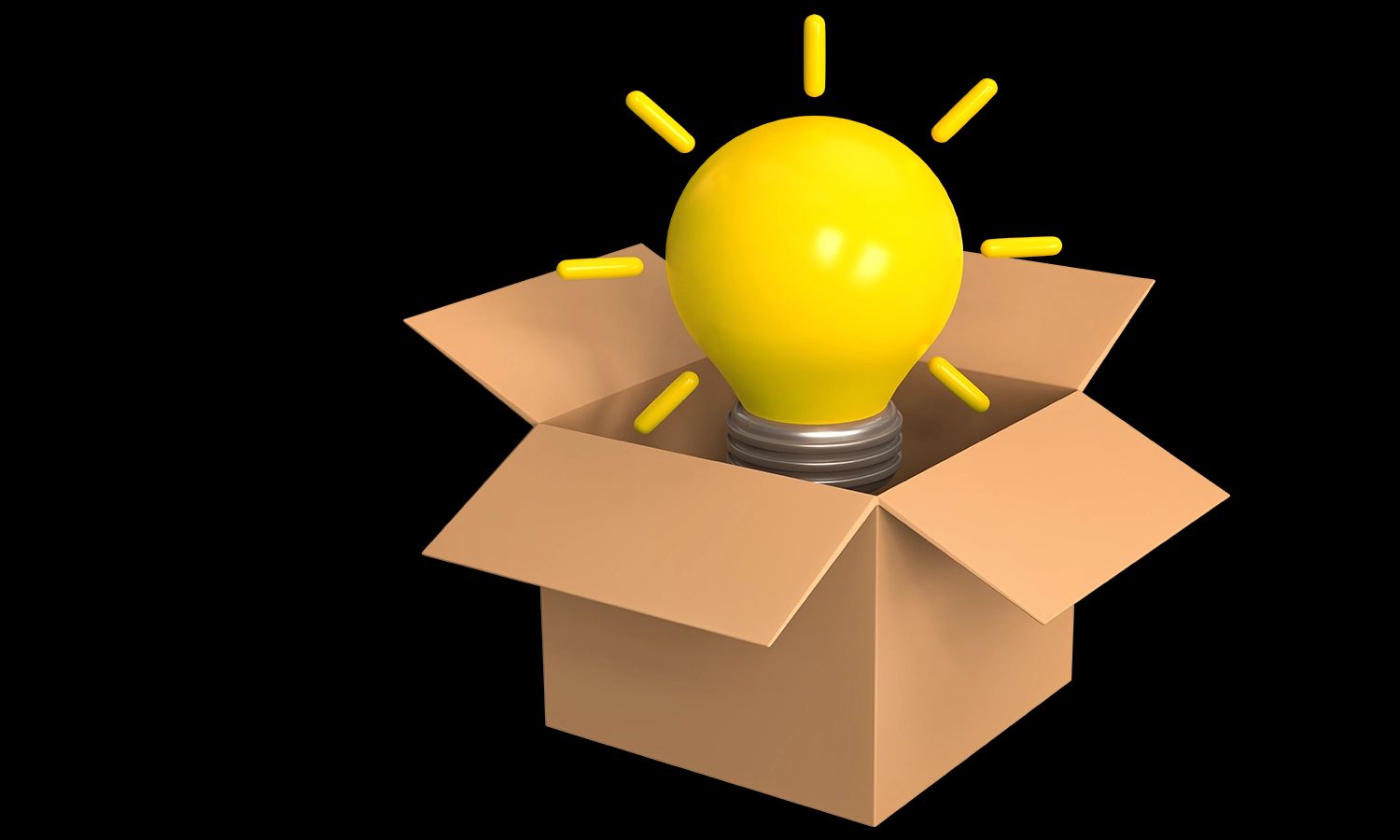 Leuchtende Glühbirne in geöffneter Box – Symbolbild für kreative Ideen, Innovation und Denken außerhalb der gewohnten Grenzen (Thinking outside the box).
