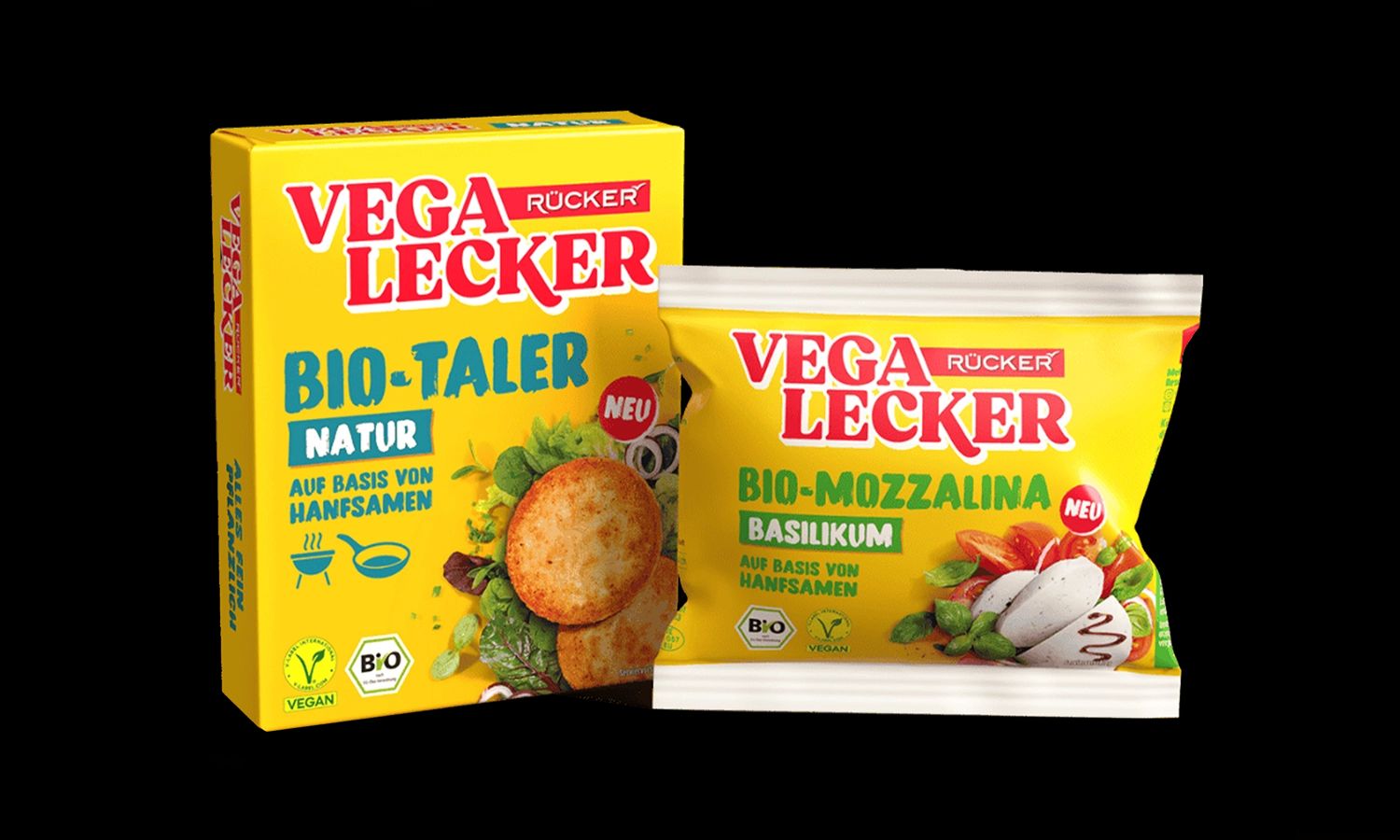 Rücker  Vega Lecker Produkte – Bio‑Taler Natur und Bio‑Mozzalina Basilikum auf Basis von Hanfsamen, vegane und biologische Alternativen aus der Rücker‑Produktlinie.
