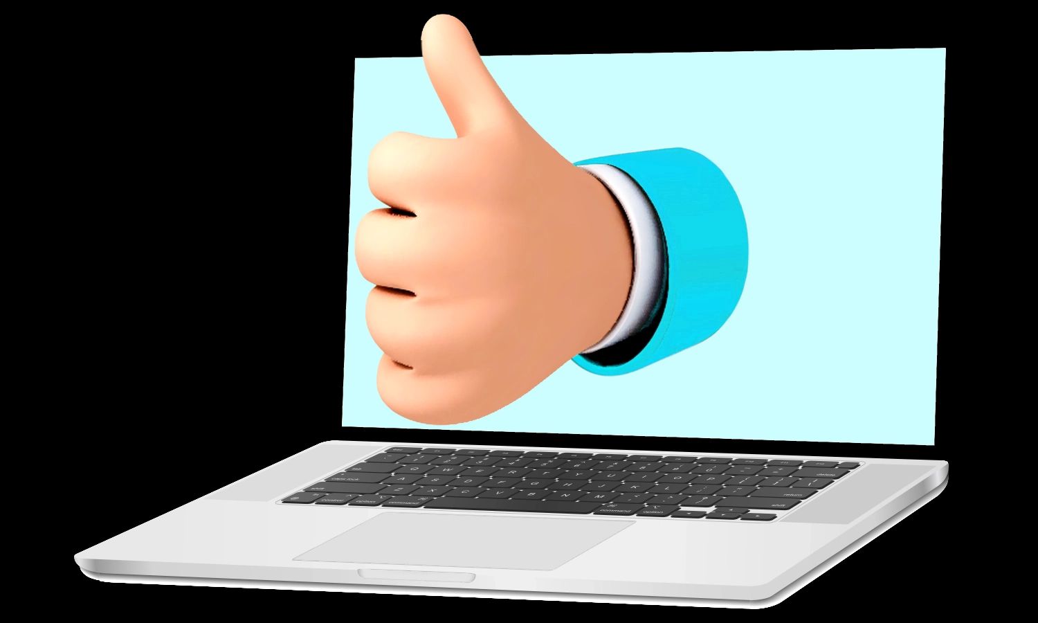Stilisierte 3D-Comic-Hand, die aus einem Laptop herausragt und einen Daumen hoch zeigt.