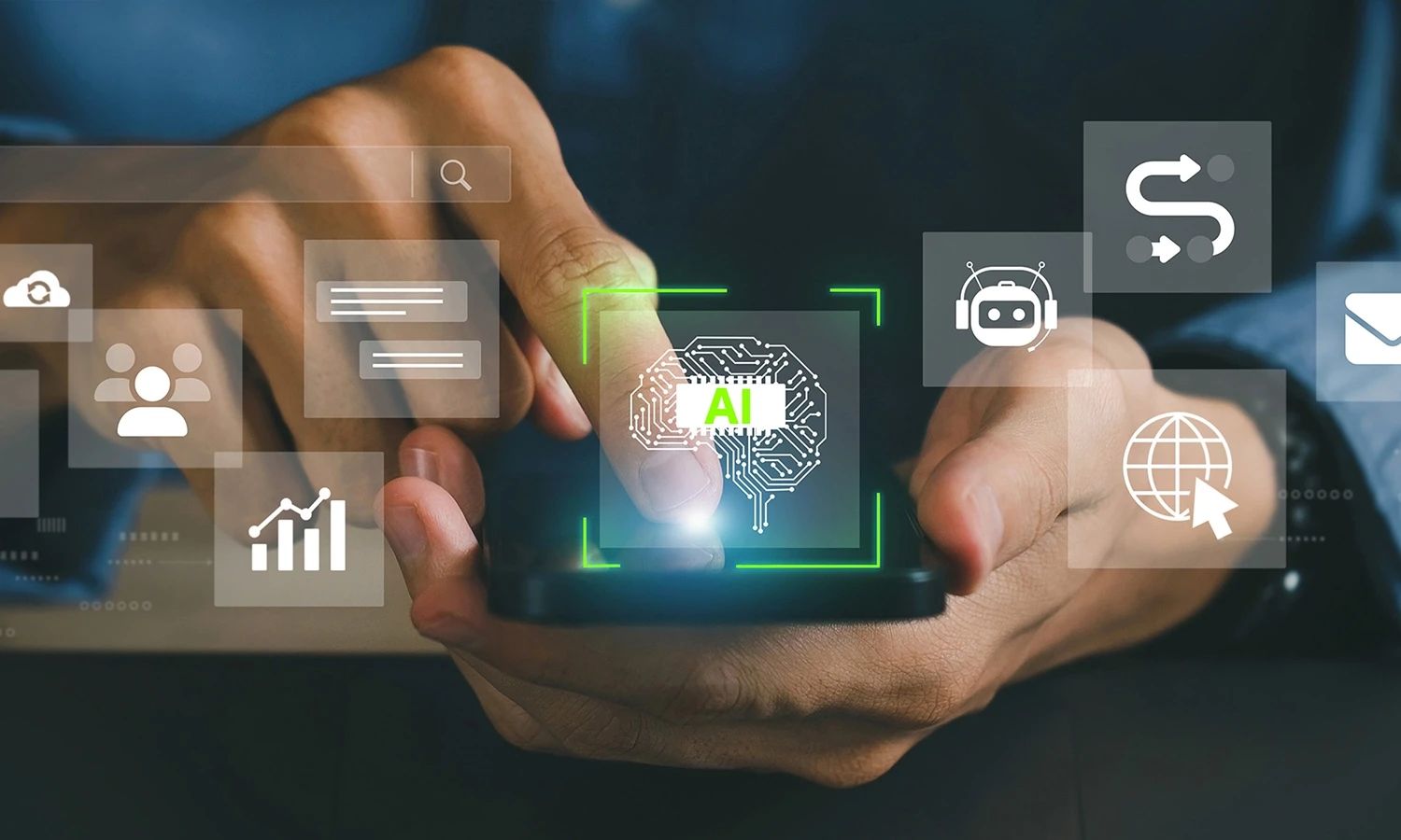 Person nutzt Smartphone mit KI-Symbol in Form eines leuchtenden Gehirns und digitalen Icons für Kommunikation, Datenanalyse und Automatisierung – Symbolbild für künstliche Intelligenz und smarte Technologien.