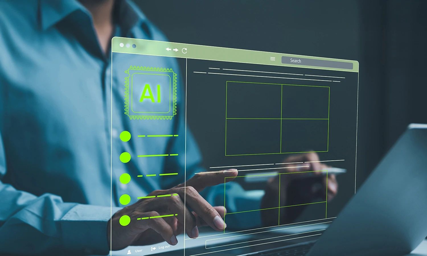 Person bedient einen transparenten Touchscreen mit KI-Interface – Darstellung künstlicher Intelligenz und digitaler Benutzeroberfläche auf modernem Computer.