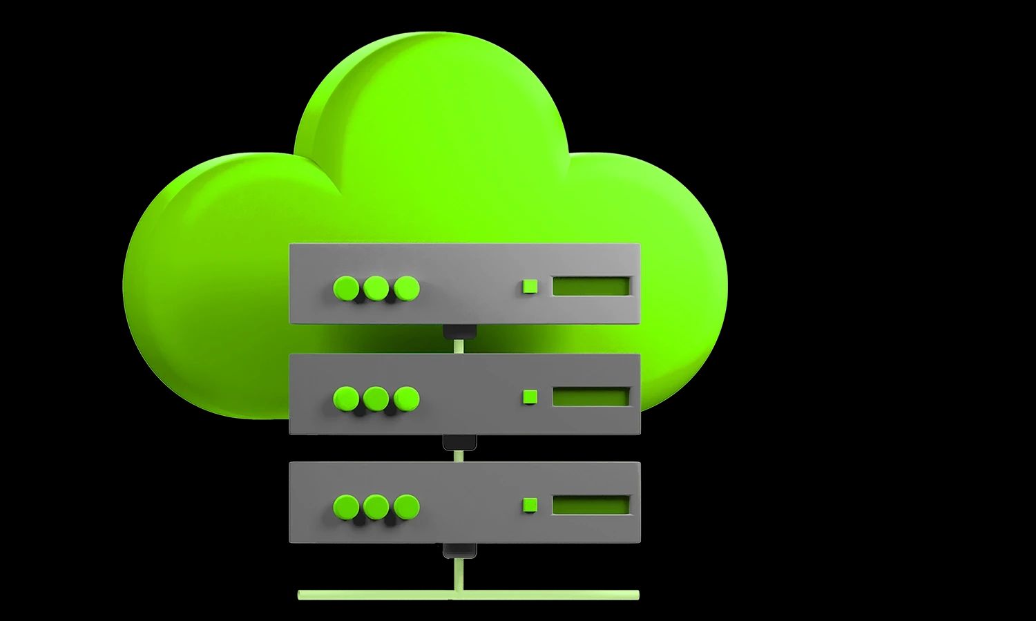 Grüne Cloud mit drei vernetzten Servern – Symbolgrafik für Cloud-Computing, Datenverarbeitung und digitale Bereitstellung.