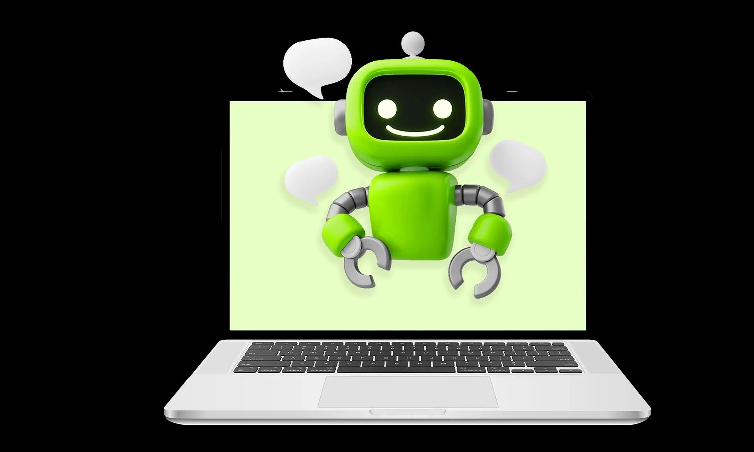 Freundlicher grüner Chatbot mit Sprechblasen erscheint auf dem Bildschirm eines Laptops – symbolische Darstellung eines KI-gestützten virtuellen Assistenten.