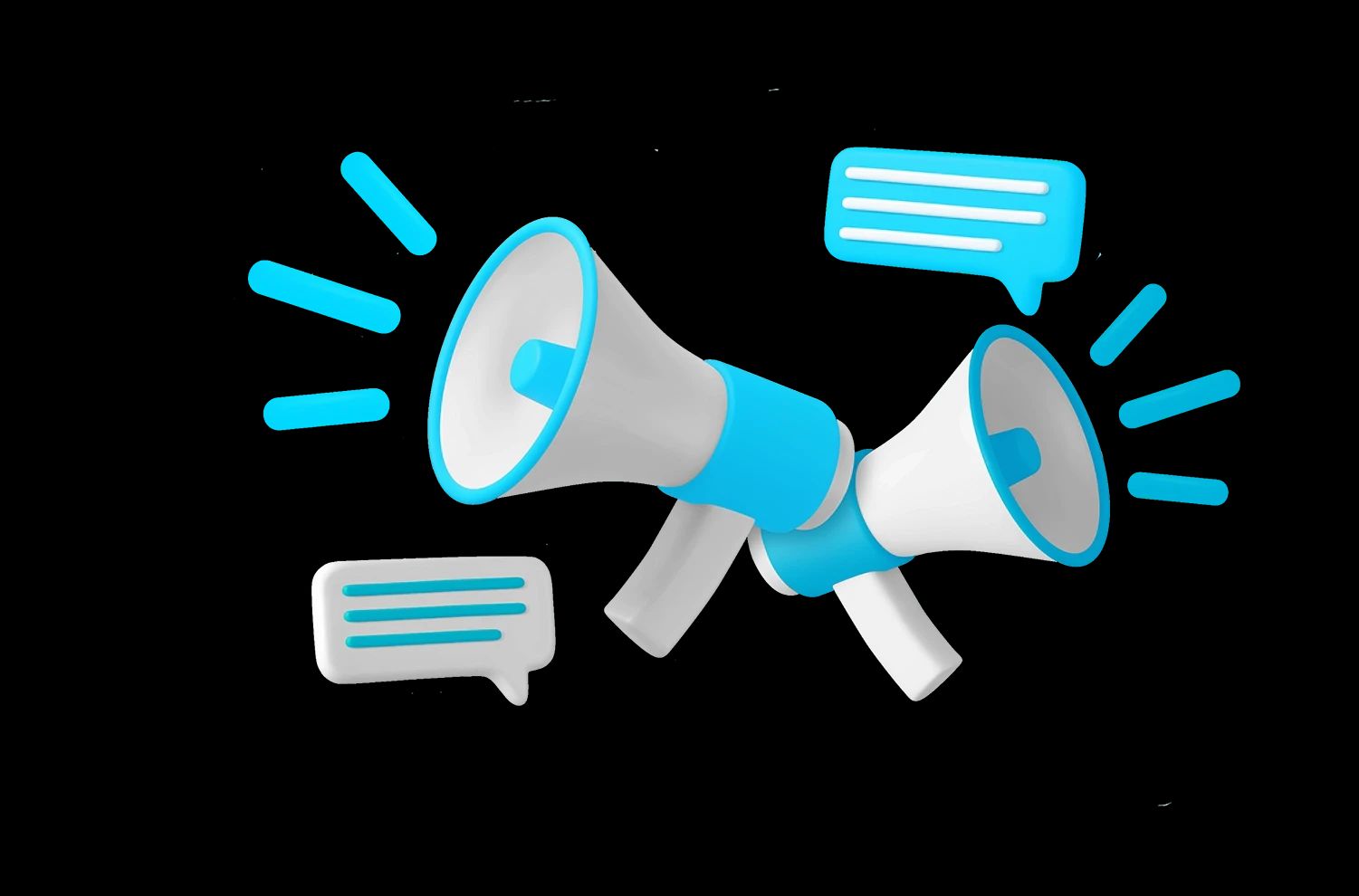 3D-Grafik von zwei stilisierten Megafonen in Weiß und leuchtendem Blau, umgeben von zwei hellblauen Sprechblasen. Die Grafik vermittelt das Konzept von Kommunikation, Ankündigung oder Marketing.