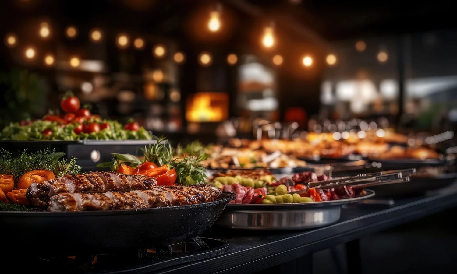 Gala-Buffet mit appetitlich angerichteten Speisen.