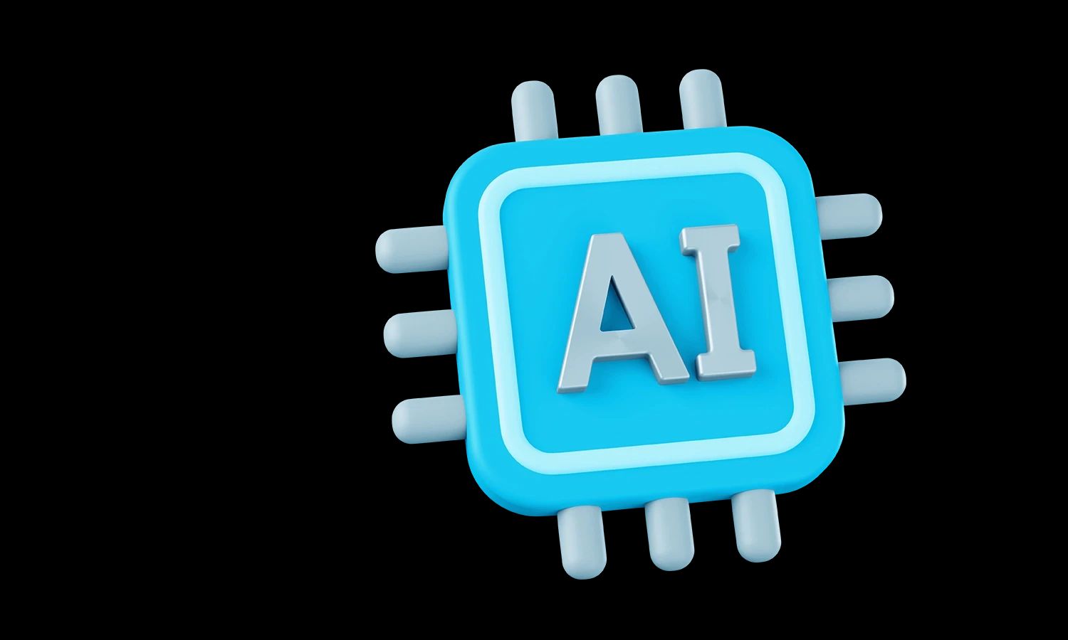 3D-Grafik eines türkisfarbenen Computerchips oder Prozessors mit den silbernen Buchstaben 'AI' (Künstliche Intelligenz) darauf.