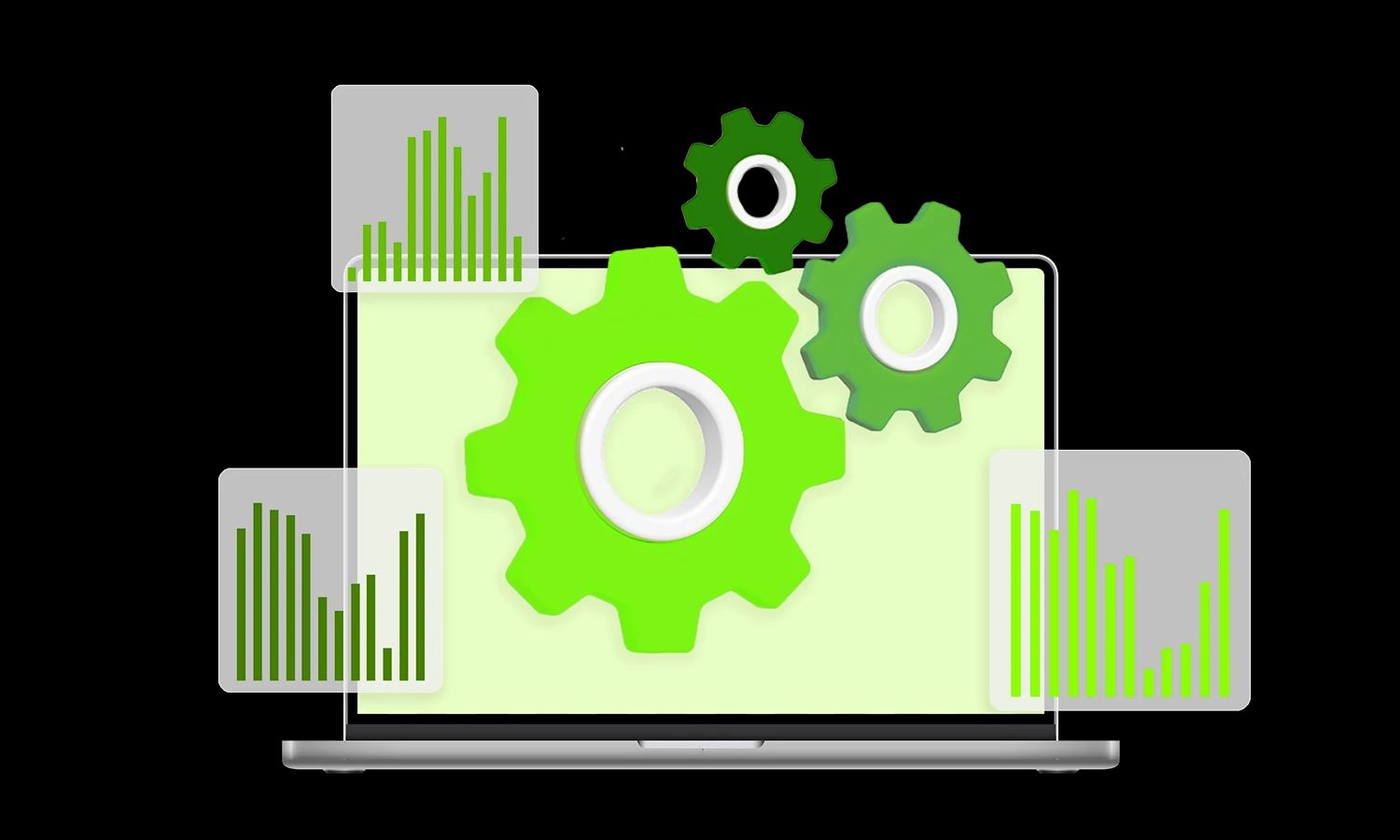 Illustration von Datenanalyse auf einem Laptop: Grüne Zahnräder stellen die Verarbeitungsprozesse dar, während verschiedene schwebende Balkendiagramme die visualisierten Ergebnisse zeigen.