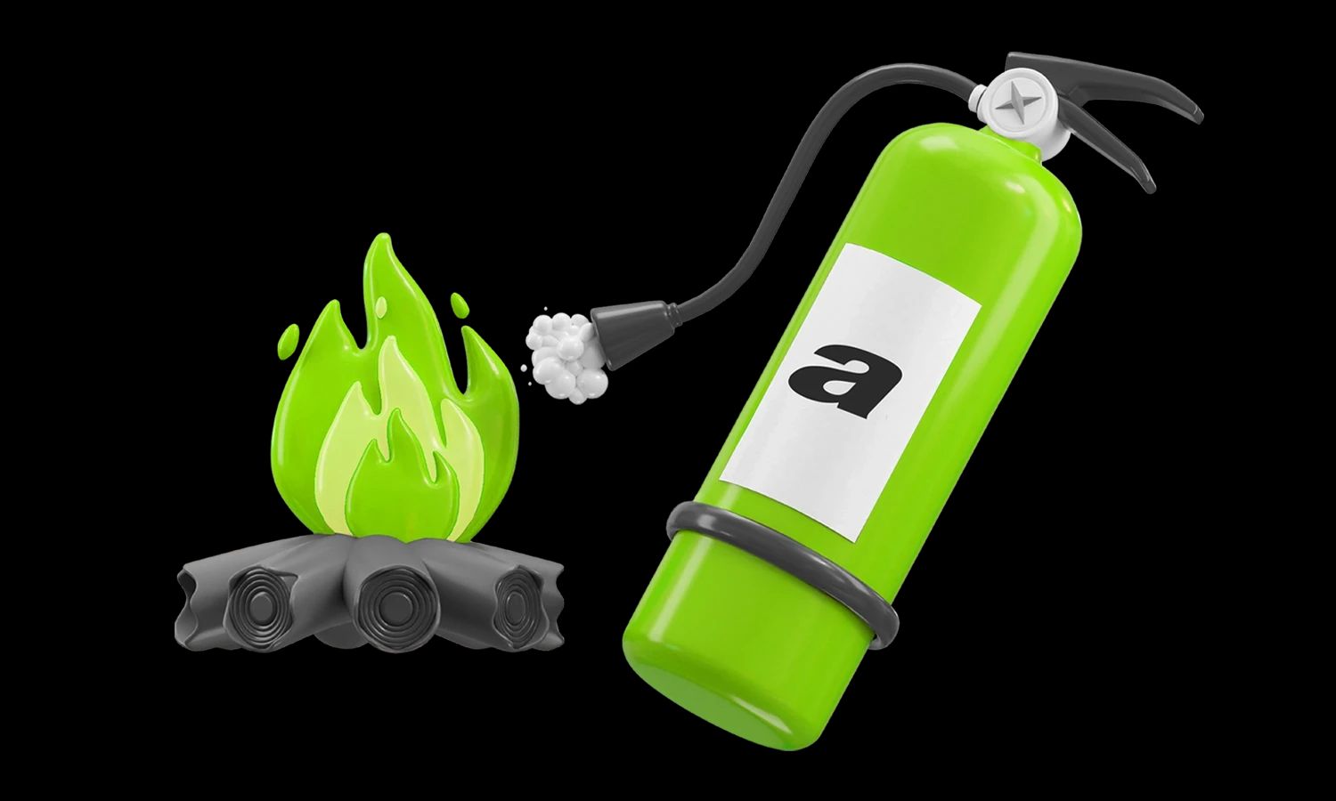 3D-Illustration eines grünen Feuerlöschers, der Löschschaum auf ein Lagerfeuer mit grünen Flammen sprüht. Auf dem Feuerlöscher ist ein Logo mit dem Buchstaben 'a' zu sehen.