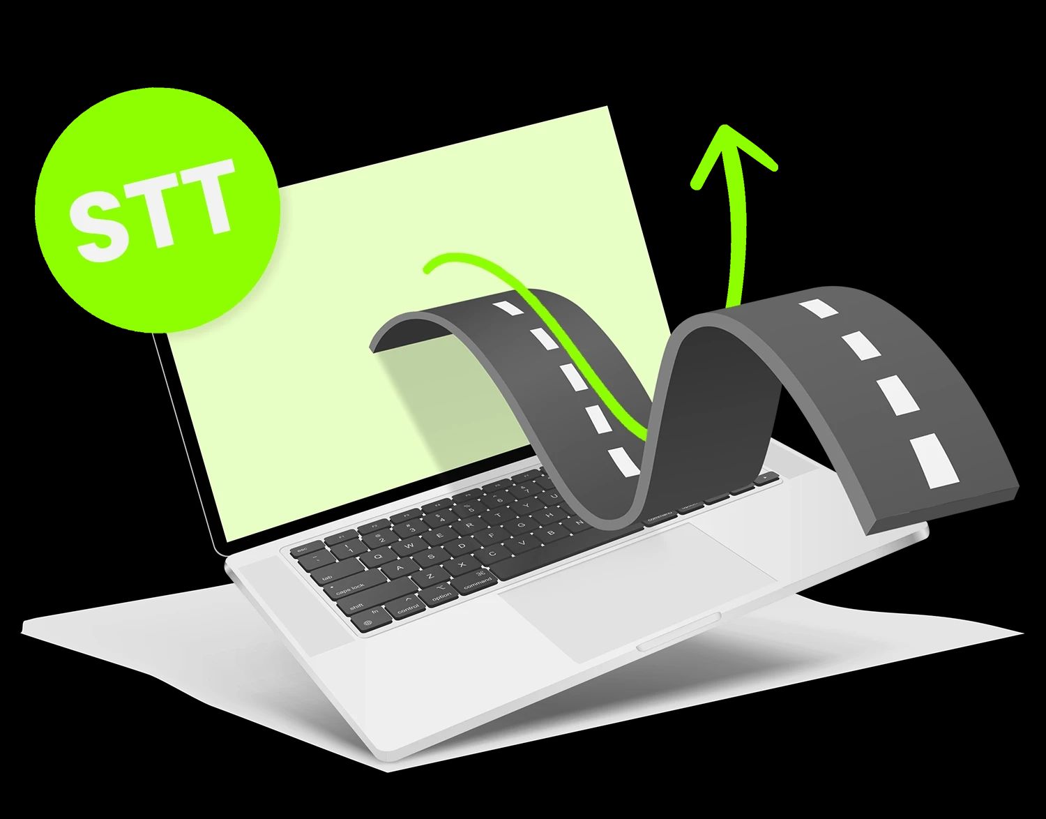 Ein aufgeklappter Laptop, aus dessen Bildschirm eine stilisierte, wellenförmige Straße mit Fahrbahnmarkierungen herausführt und nach rechts weiter läuft.