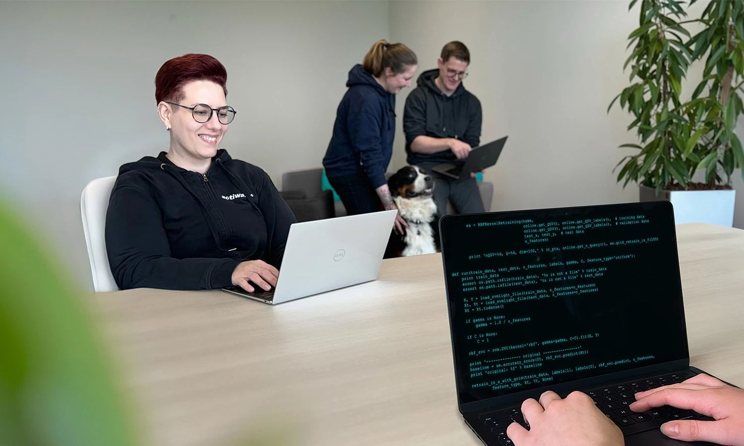 Personen arbeiten in einer modernen Büroumgebung mit Laptops und einem Hund.