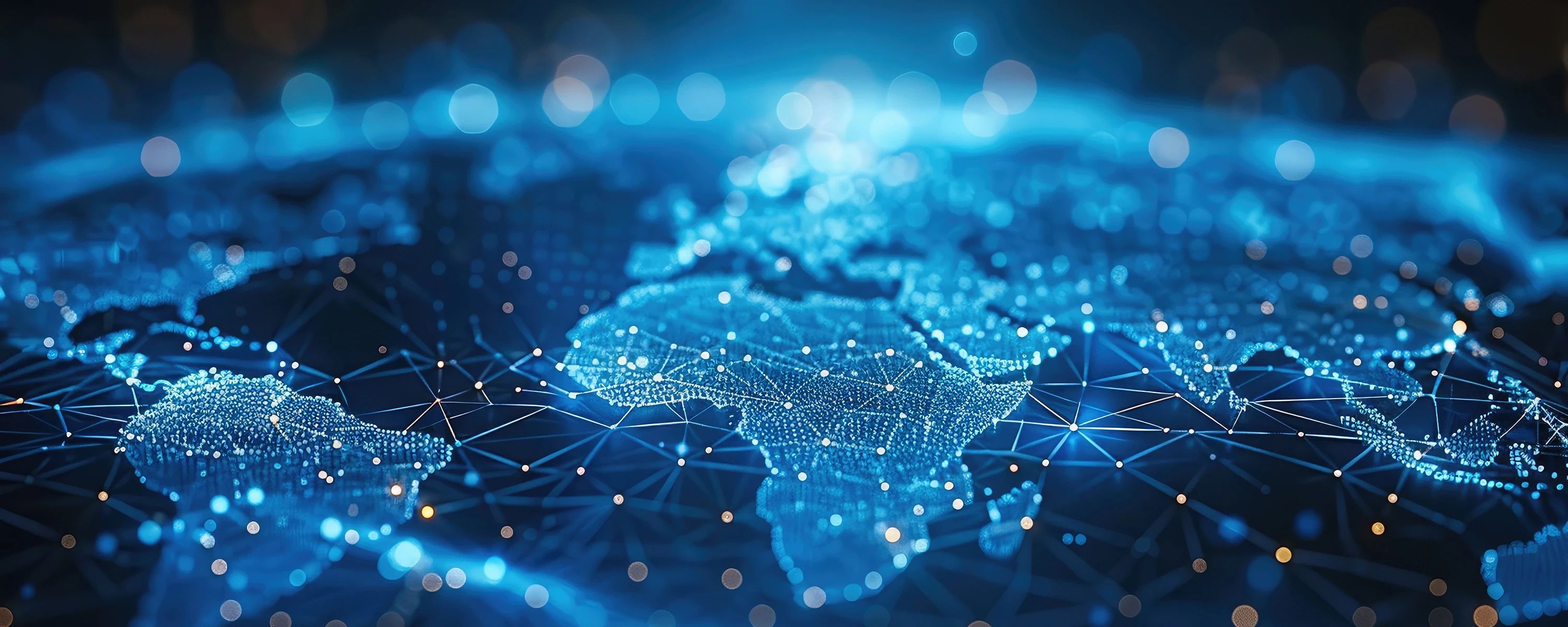 Eine stilisierte, leuchtend blaue Weltkarte, die aus einem Netzwerk von Datenpunkten und Verbindungslinien besteht. Der Fokus liegt auf der Darstellung von Europa und Afrika und symbolisiert globale Konnektivität und digitale Vernetzung.