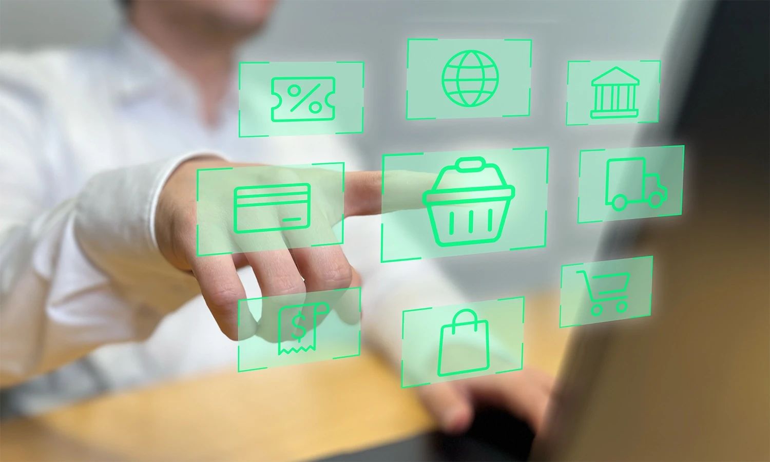 Nahaufnahme einer Hand, die eine leuchtende, holografische Abbildung einer Rechnung (Invoice) berührt – Symbol für die automatisierte Beleg- und Datenextraktion.