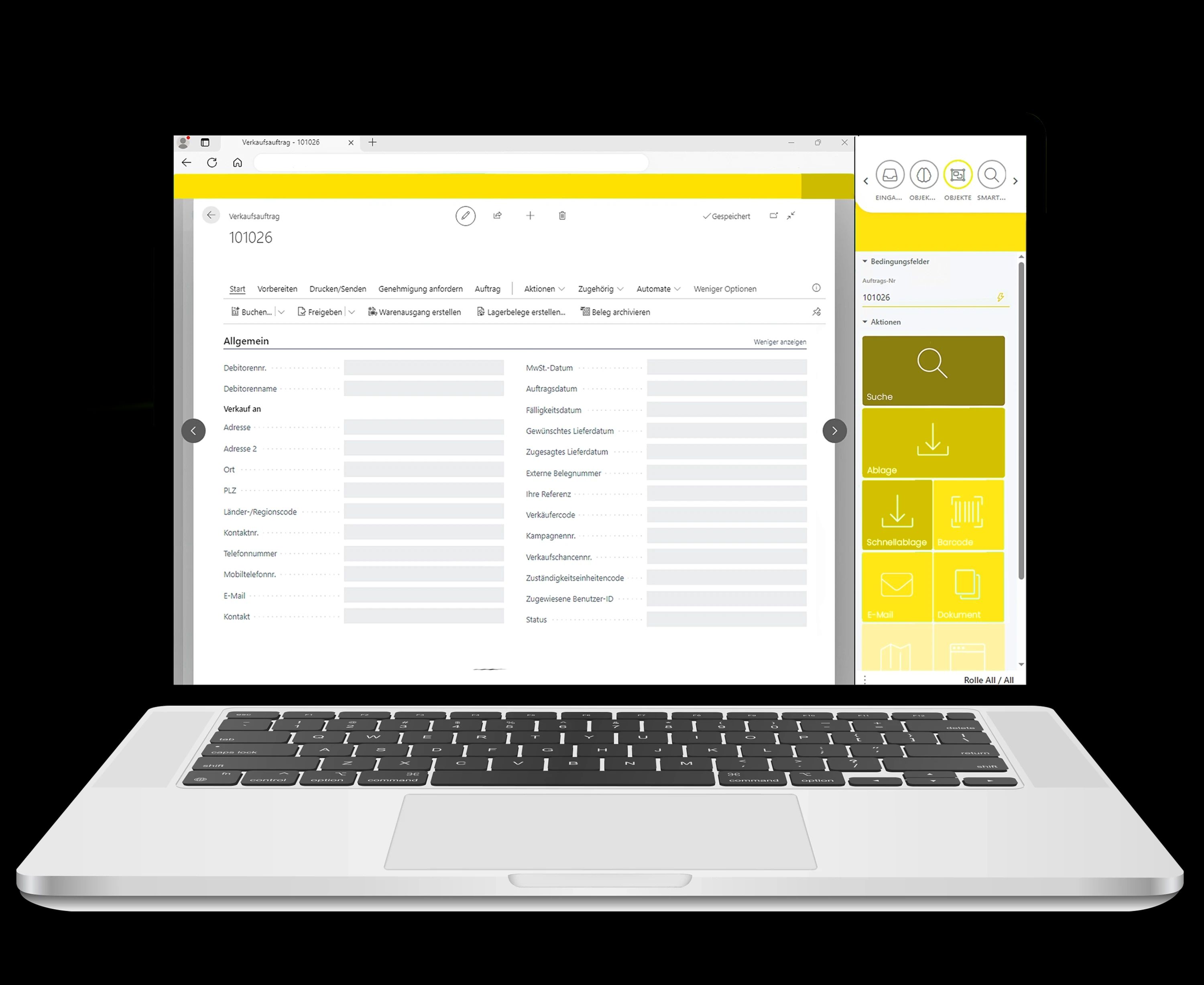 Laptop mit geöffneter ERP-Software zeigt digitales Auftrags- und Produktionsmanagement für effiziente Industrieprozesse.