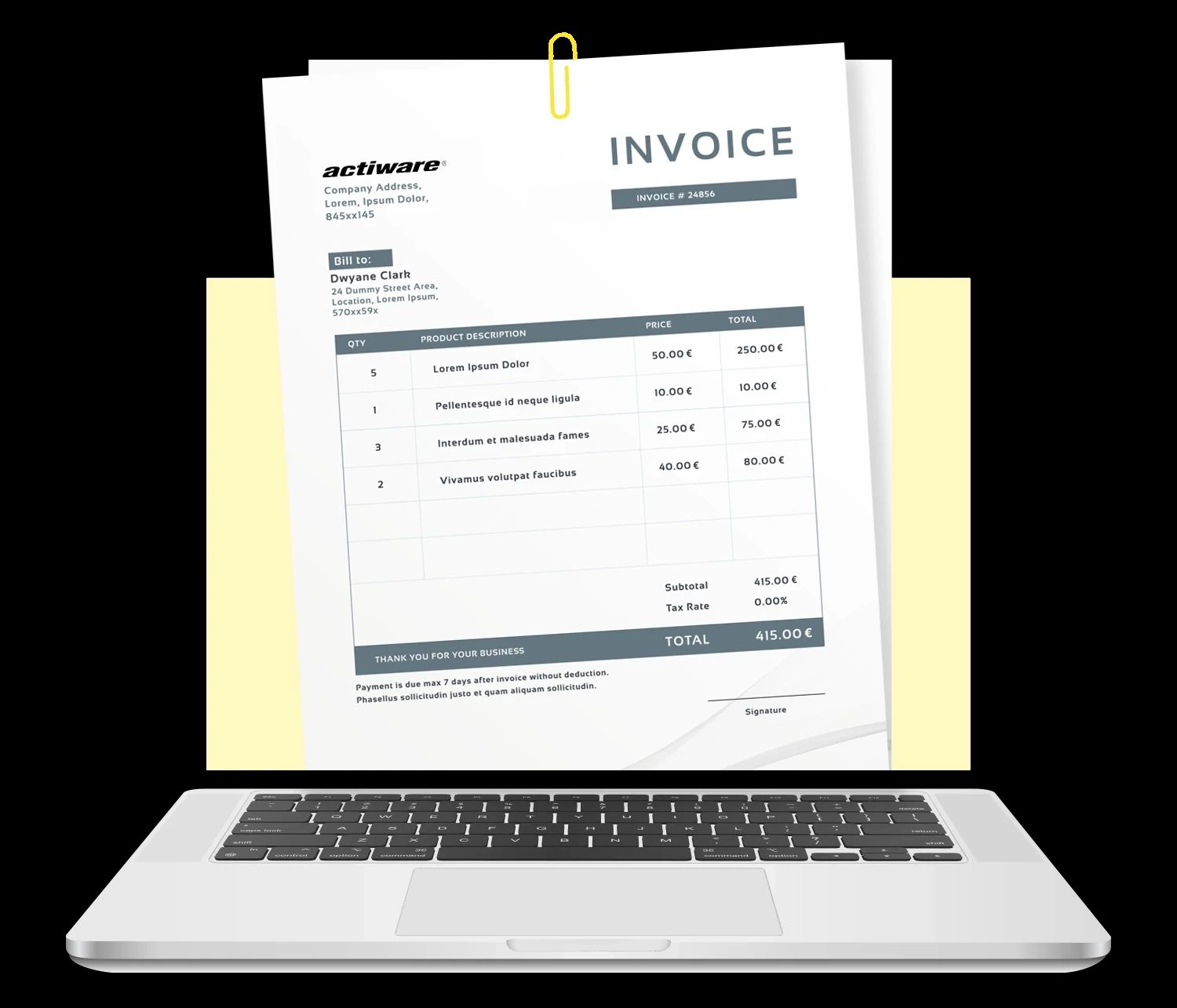 Laptop mit digitaler Rechnung auf dem Bildschirm – Symbol für elektronische Rechnungsverarbeitung, automatisierte Buchhaltung und digitales Dokumentenmanagement.