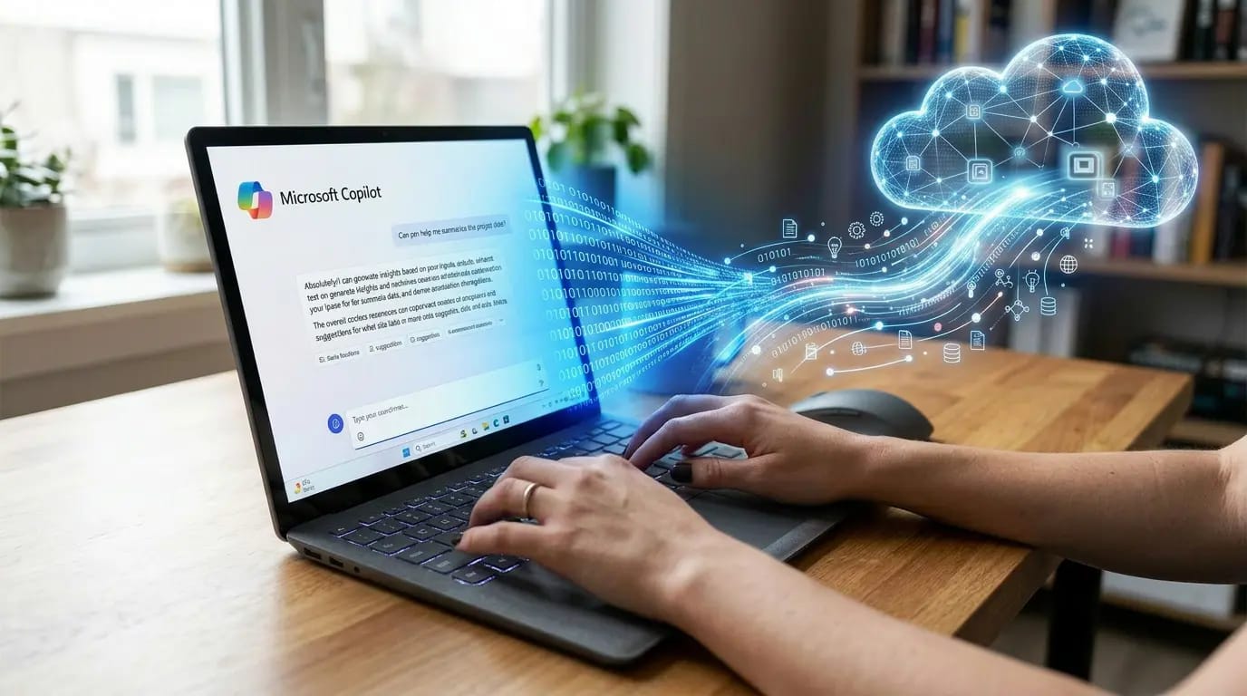 Hände tippen auf einem Laptop, im Bildschirm wird der Microsoft Copilot genutzt, der Datenströme in die Cloud schickt