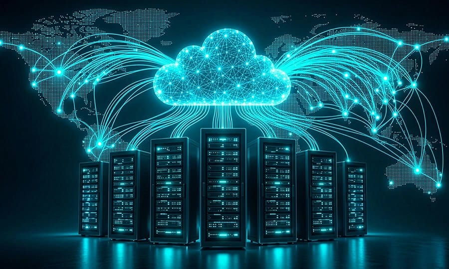 Datenströme fließen aus Server-Türmen in die Cloud und von der Cloud aus verteilen sich die Daten über die ganze Welt