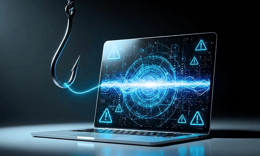 Laptop mit digitalem Angelhaken und Warnsymbolen als Symbol für Phishing-Angriffe.