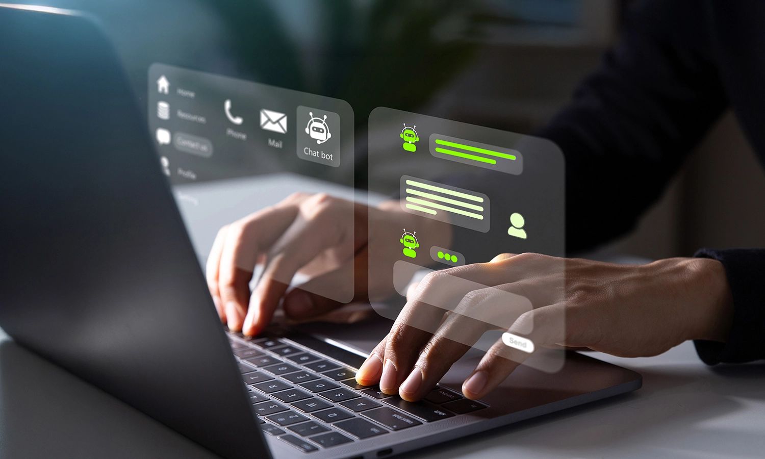 Person tippt auf Laptop-Tastatur, während ein KI-Chatbot-Fenster mit digitalen Nachrichten und Symbolen auf dem Bildschirm erscheint – Darstellung von künstlicher Intelligenz im Kundenservice.