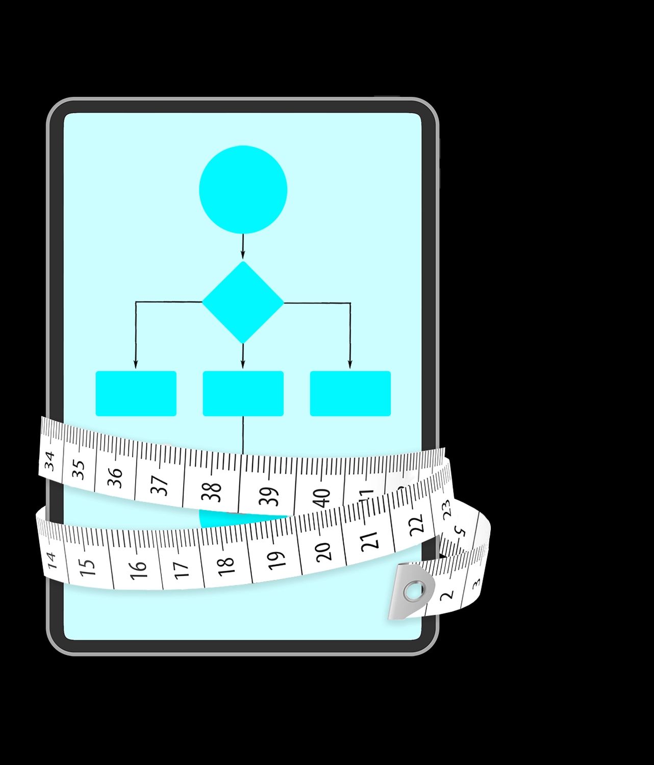 Ein Tablet-Bildschirm zeigt ein blaues Flussdiagramm. Ein Maßband ist um das Tablet gewickelt.