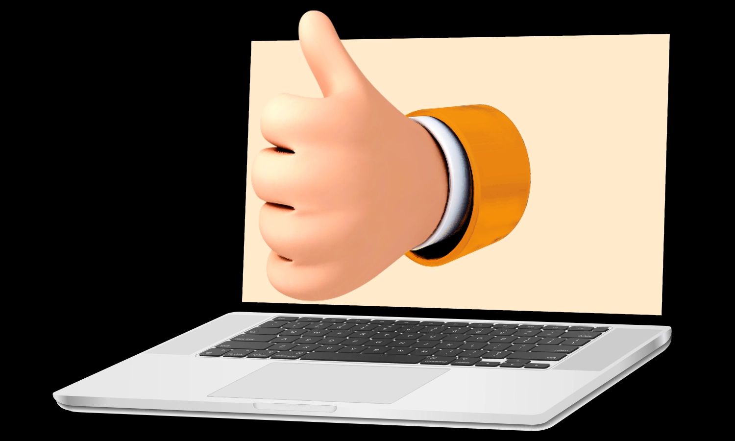 Stilisierte 3D-Comic-Hand, die aus einem Laptop herausragt und einen Daumen hoch zeigt.