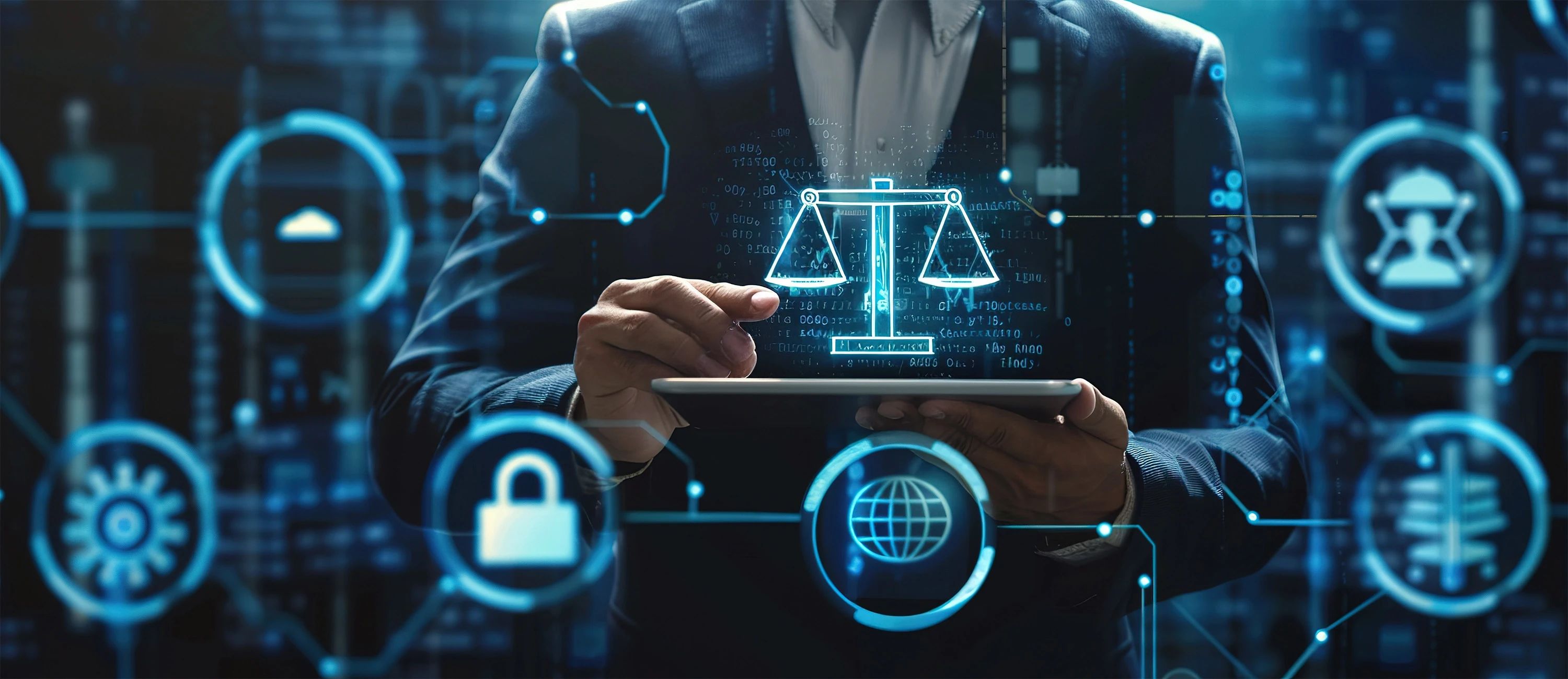 Mann mit Tablet und leuchtender Waage, umgeben von Technologie- und Rechts-Symbolen.