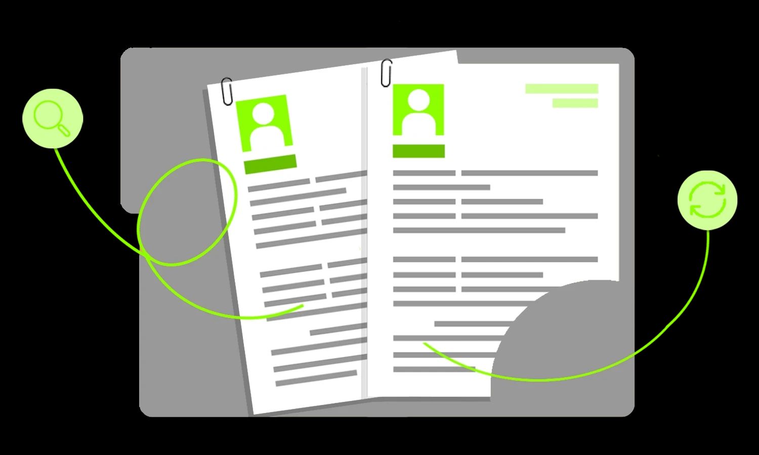 Illustration des Bewerbermanagements: Zwei Lebenslauf-Dokumente liegen in einer grauen Mappe. Ein Such-Symbol und ein Aktualisierungs-Symbol sind durch grüne Linien mit den Dokumenten verbunden.