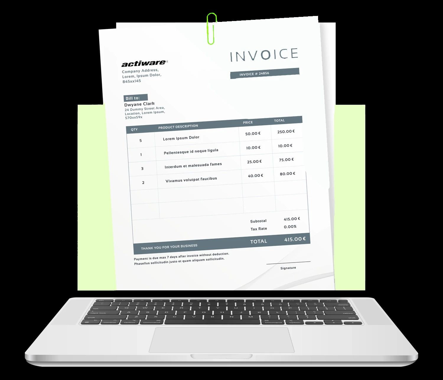 Illustration der digitalen Rechnungsstellung: Eine Papierrechnung mit dem Logo von 'actiware' und einer detaillierten Postenauflistung ragt aus dem Bildschirm eines Laptops.