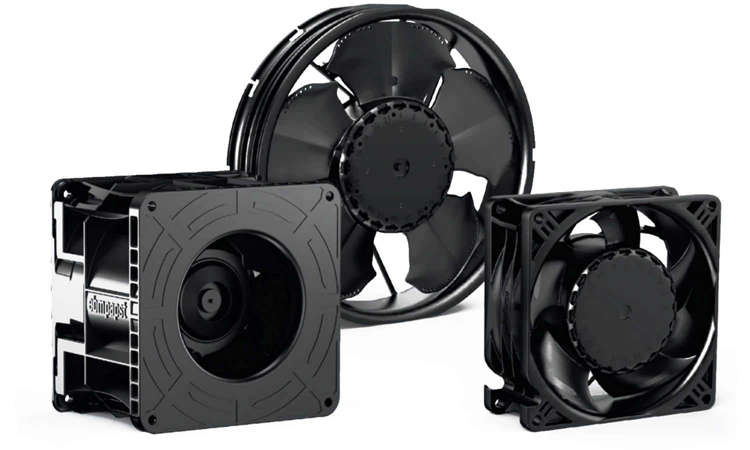 Drei schwarze Ventilatoren von EBM Papst – energieeffiziente Lüfterlösungen für Kühlung, Belüftung und industrielle Anwendungen.