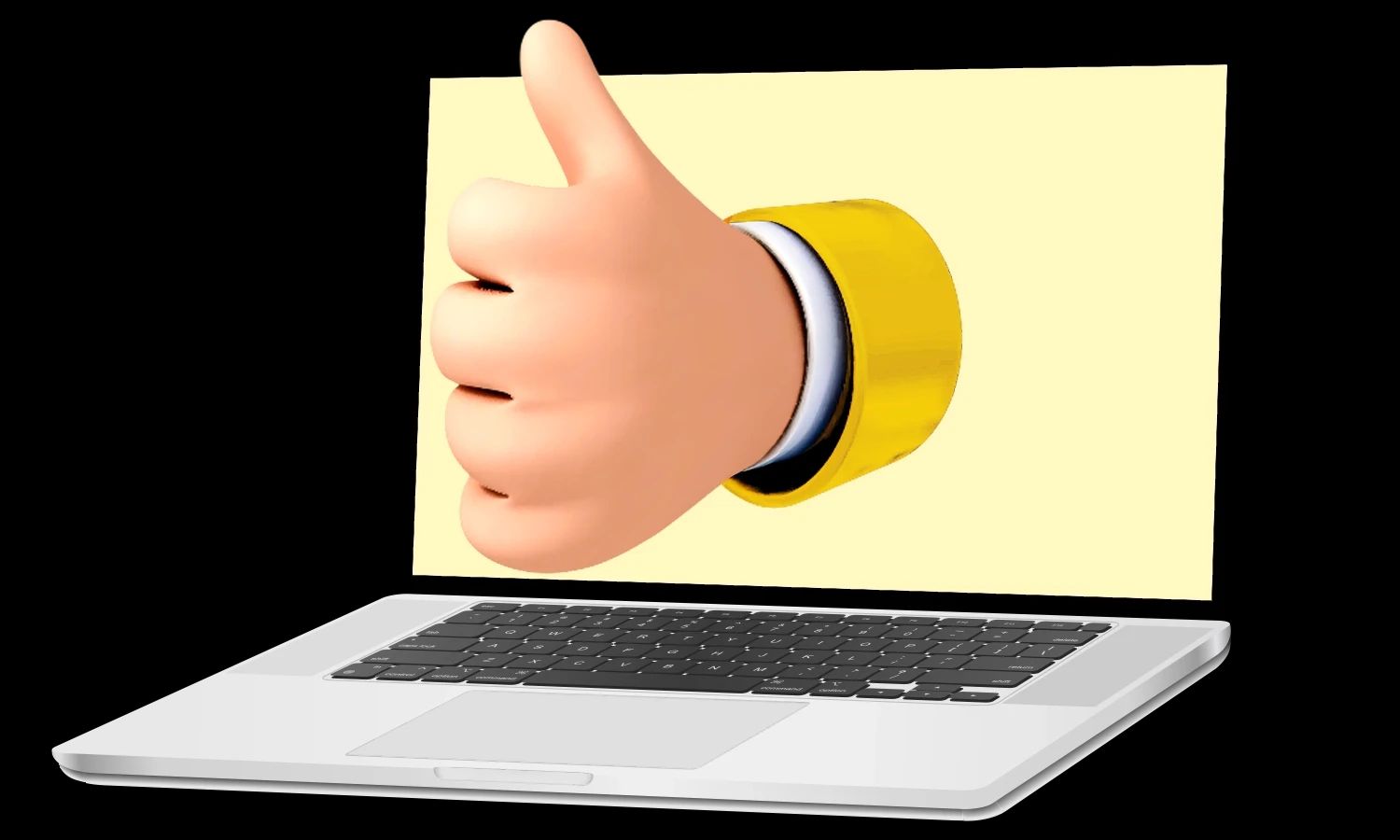 Laptop mit animierter Hand, die einen Daumen nach oben zeigt – Symbol für Erfolg, Zustimmung und positive digitale Kommunikation.